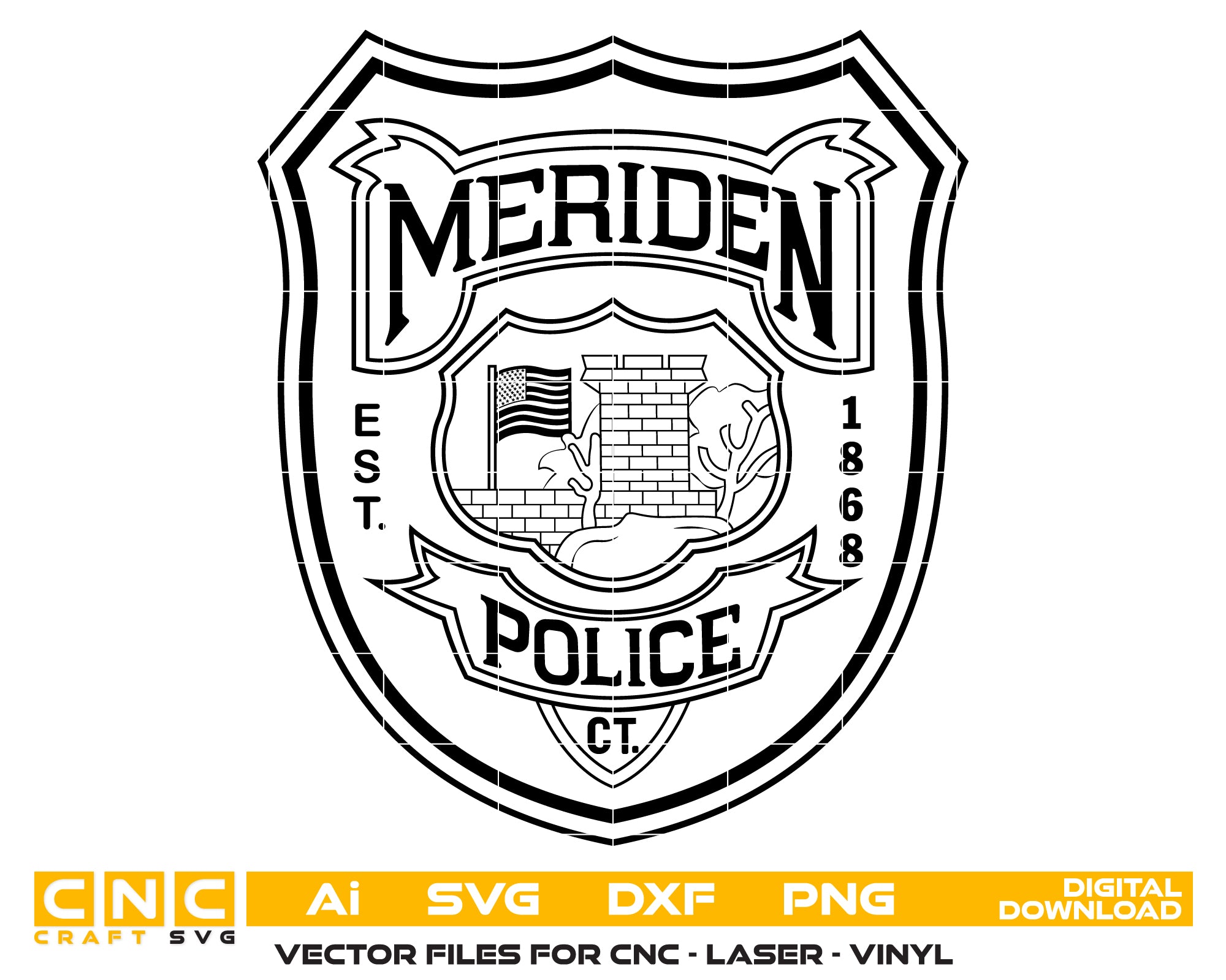 Meriden Police Department Logo SVG digital download, Connecticut police emblem vector design for Cricut, Silhouette, CNC, engraving, and law enforcement crafts.