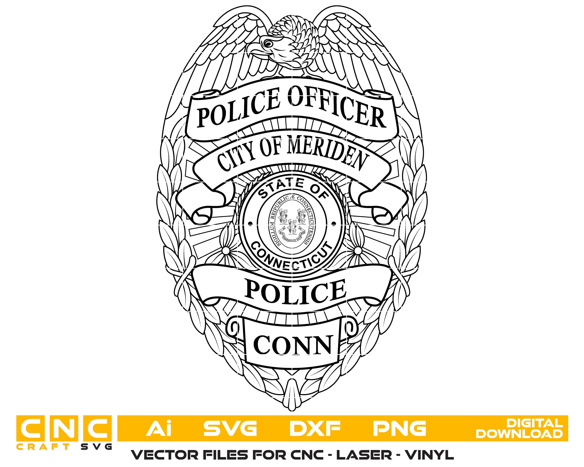Meriden Police Officer Badge SVG digital download, Connecticut police officer emblem vector design for Cricut, Silhouette, CNC, engraving, and law enforcement crafts.