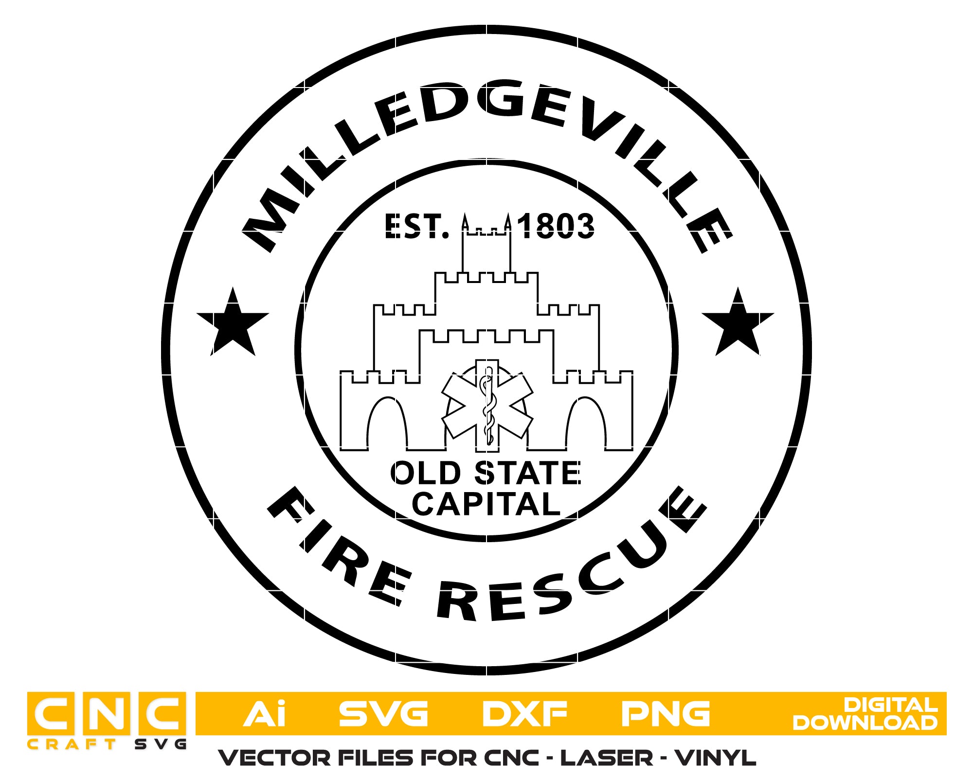 Milledgeville GA Fire Rescue Logo SVG
Georgia First Responder Circular Seal Vector
Old State Capital Building Engraving File
Milledgeville Fire Rescue Sign CNC File
Star of Life EMS Vector for Lasers