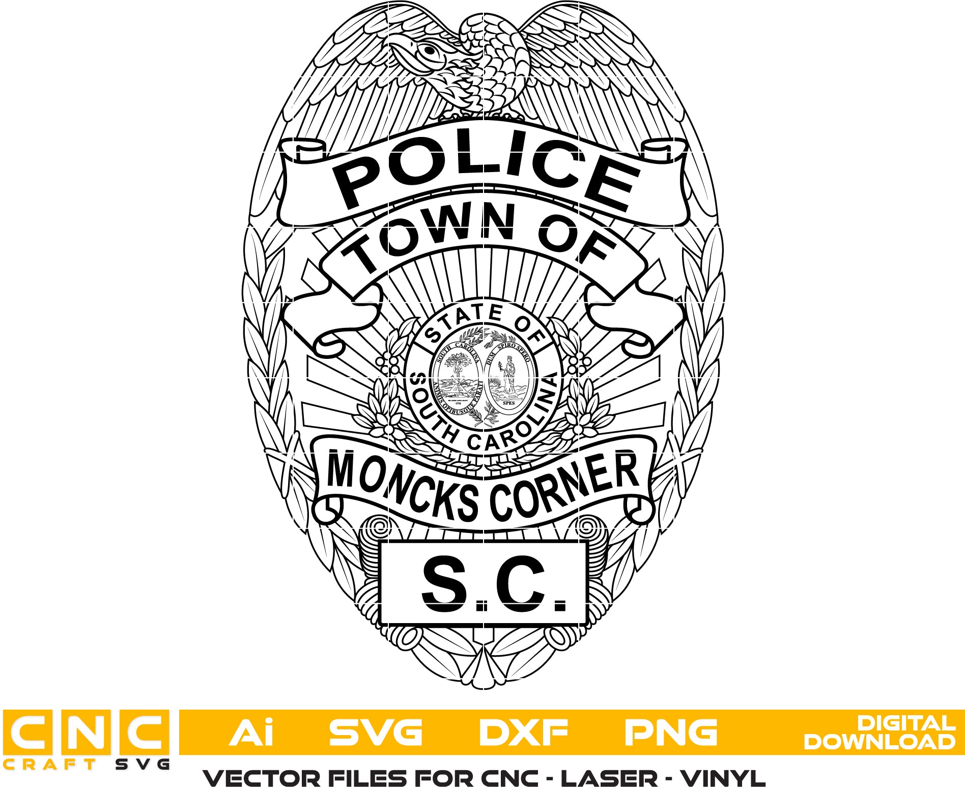 Moncks Corner police Badge Vector art Svg/ Dxf/ Jpg/ Png/ and Ai files For laser engraving/ woodworking/ acrylic painting and all printing machines.