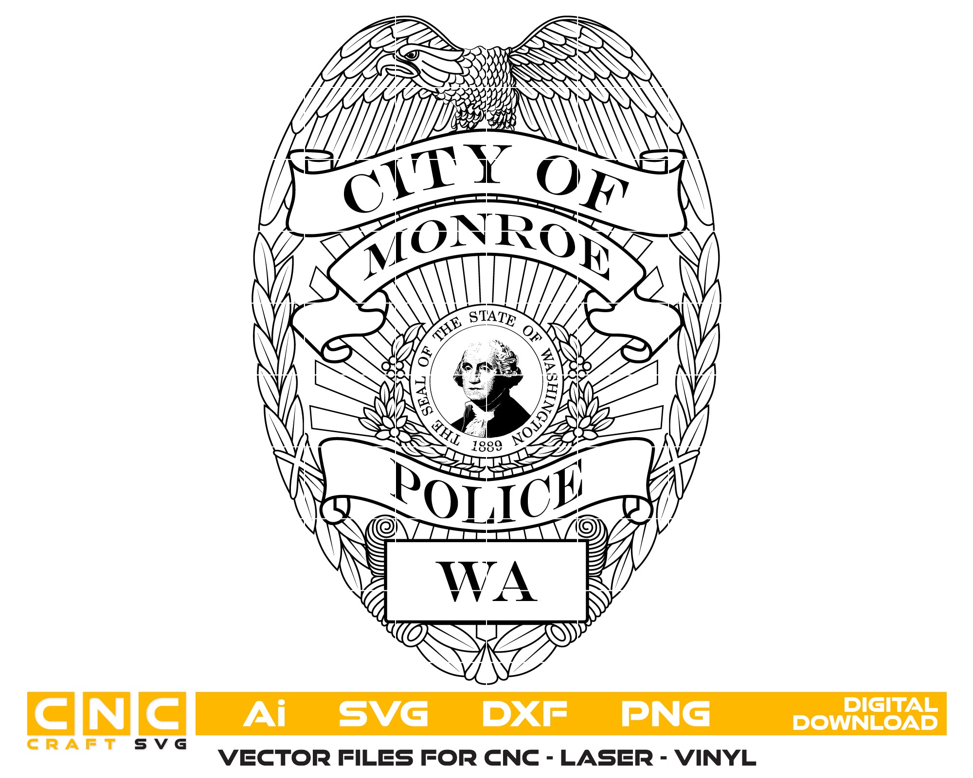 Monroe Police Department Badge SVG digital download, Washington police emblem vector design for Cricut, Silhouette, CNC, engraving, and law enforcement crafts.