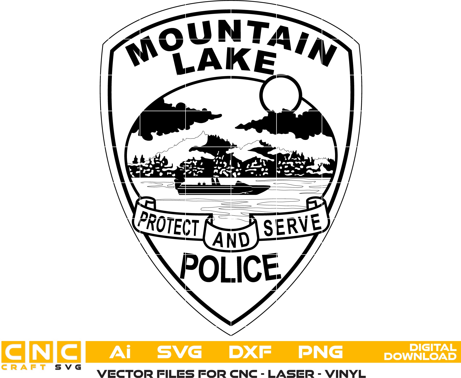 Mountain Lake Police Badge Vector Art Bundle - Laser Engraving, Woodworking Files