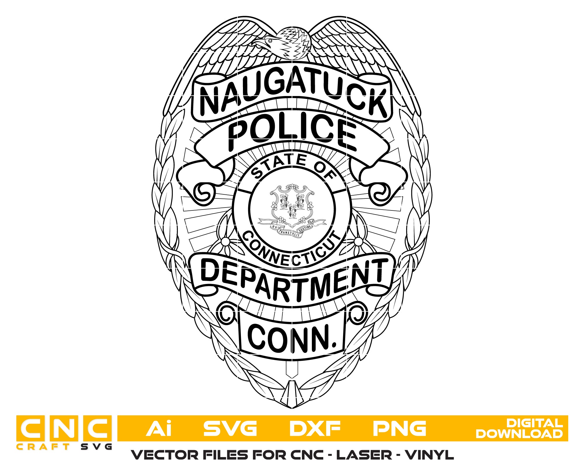 Naugatuck Police Department Badge SVG digital download, Connecticut police emblem vector design for Cricut, Silhouette, CNC, engraving, and law enforcement crafts.