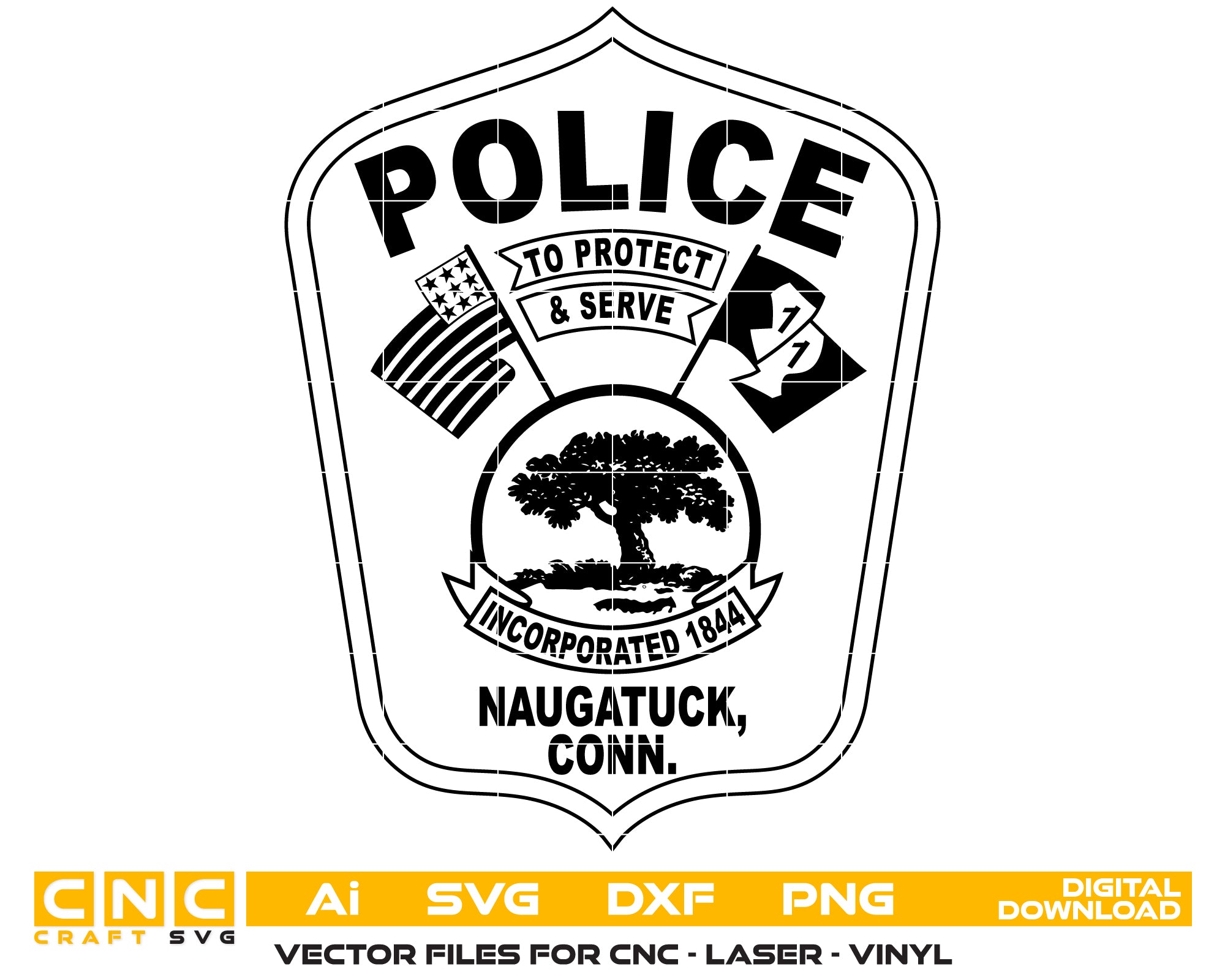 Naugatuck Police Department Patch SVG digital download, Connecticut police shoulder patch vector design for Cricut, Silhouette, vinyl cutting, engraving, and law enforcement crafts.