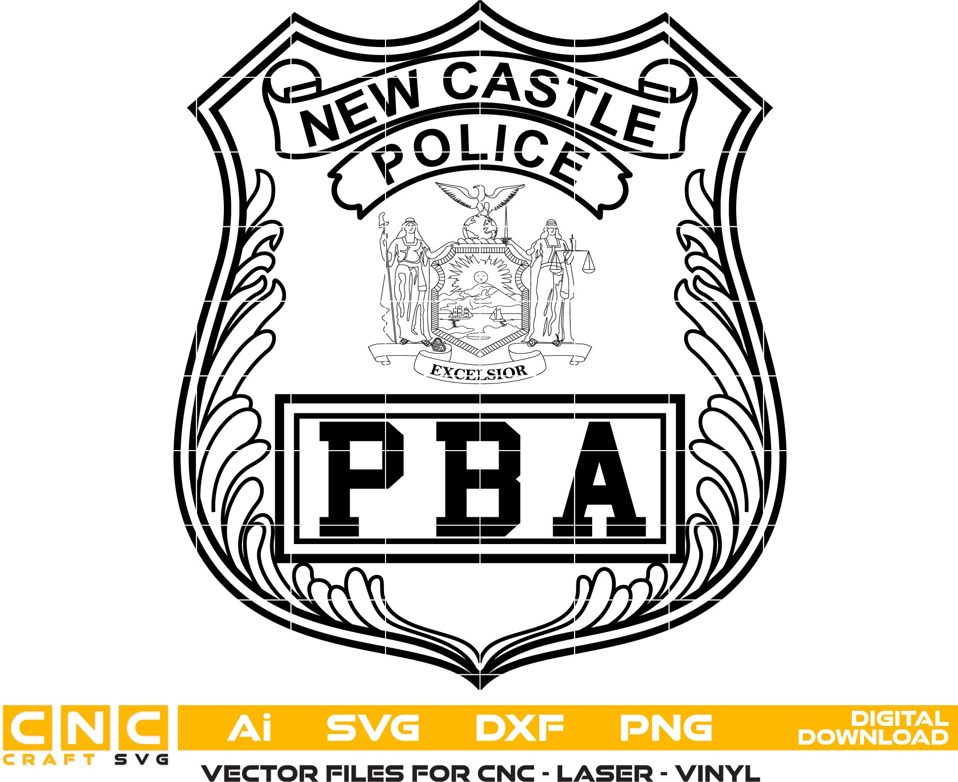 New Castle Police Badge, New York PBA Police Badge Vector file suitable for Laser Engraving, Woodworking, CNC Router, vinyl cutting, plasma cutting, Xcarve, Vcarve, Cricut, Ezecad