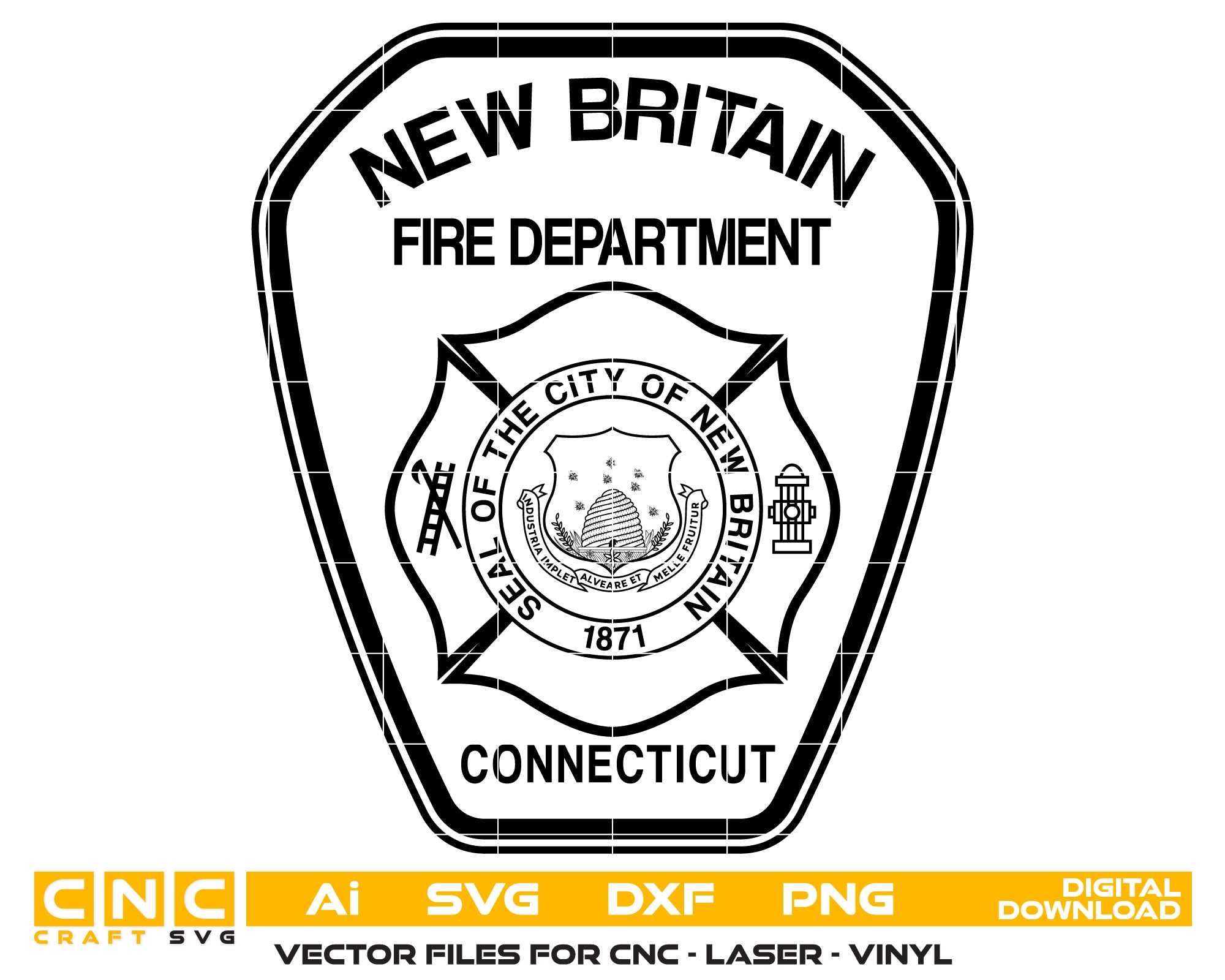 New Britain Fire Department Logo SVG digital download, Connecticut fire department emblem vector for Cricut, Silhouette, CNC, and firefighter craft designs.