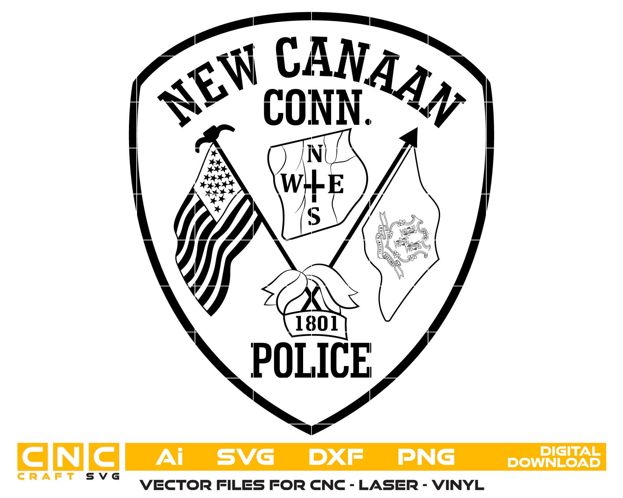 New Canaan Police Department Patch SVG digital download, Connecticut police emblem vector design for Cricut, Silhouette, CNC, and law-enforcement crafts.