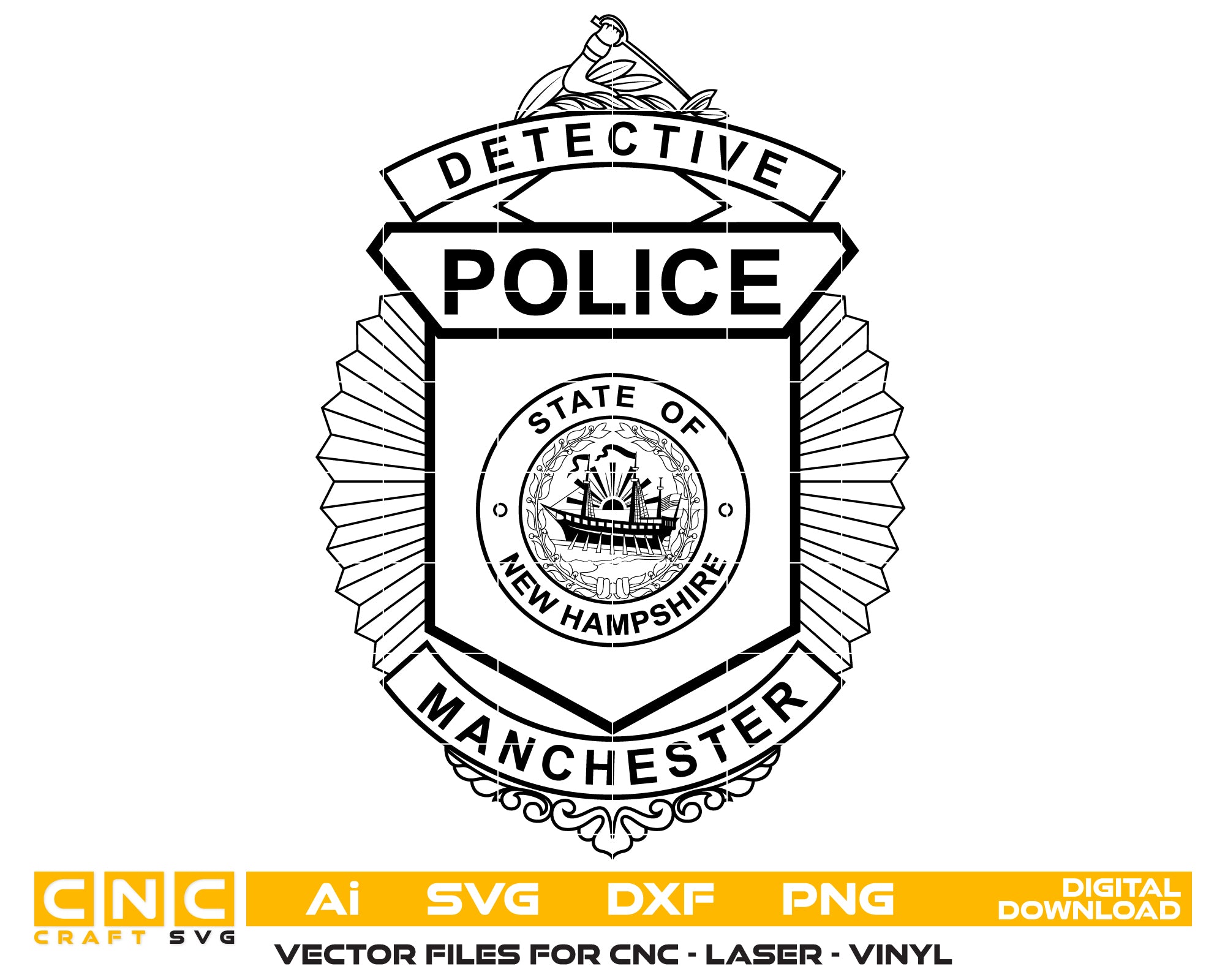 New Hampshire Police Detective Badge SVG digital download, state law enforcement emblem vector design for Cricut, Silhouette, CNC, and police craft projects.