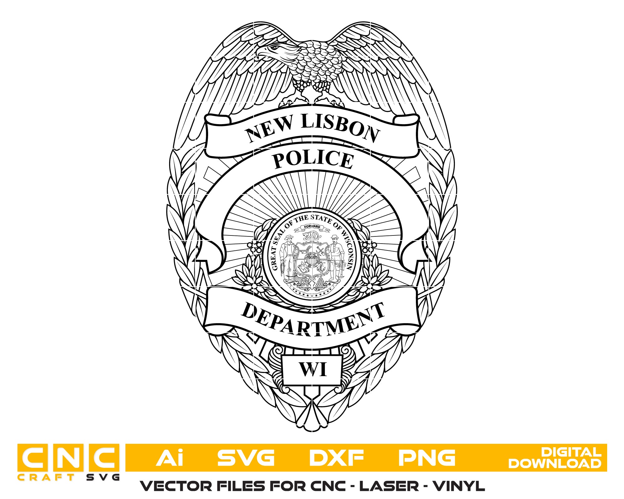 New Lisbon Police Department Badge SVG digital download, law enforcement emblem vector design for Cricut, Silhouette, CNC, and police craft projects.