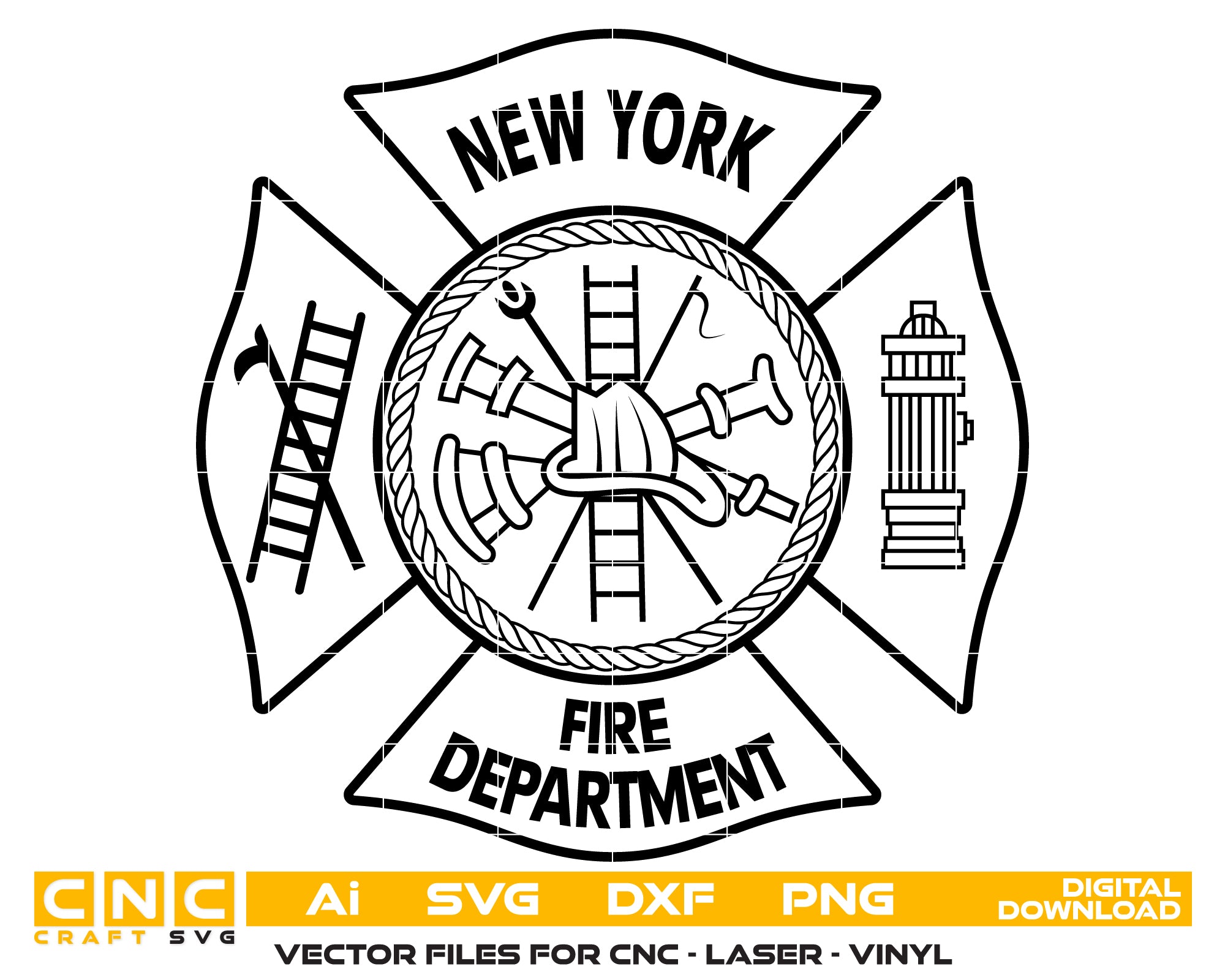 New York Fire Department Badge SVG digital download, NYC firefighter emblem vector design for Cricut, Silhouette, CNC, and fire service crafts.
