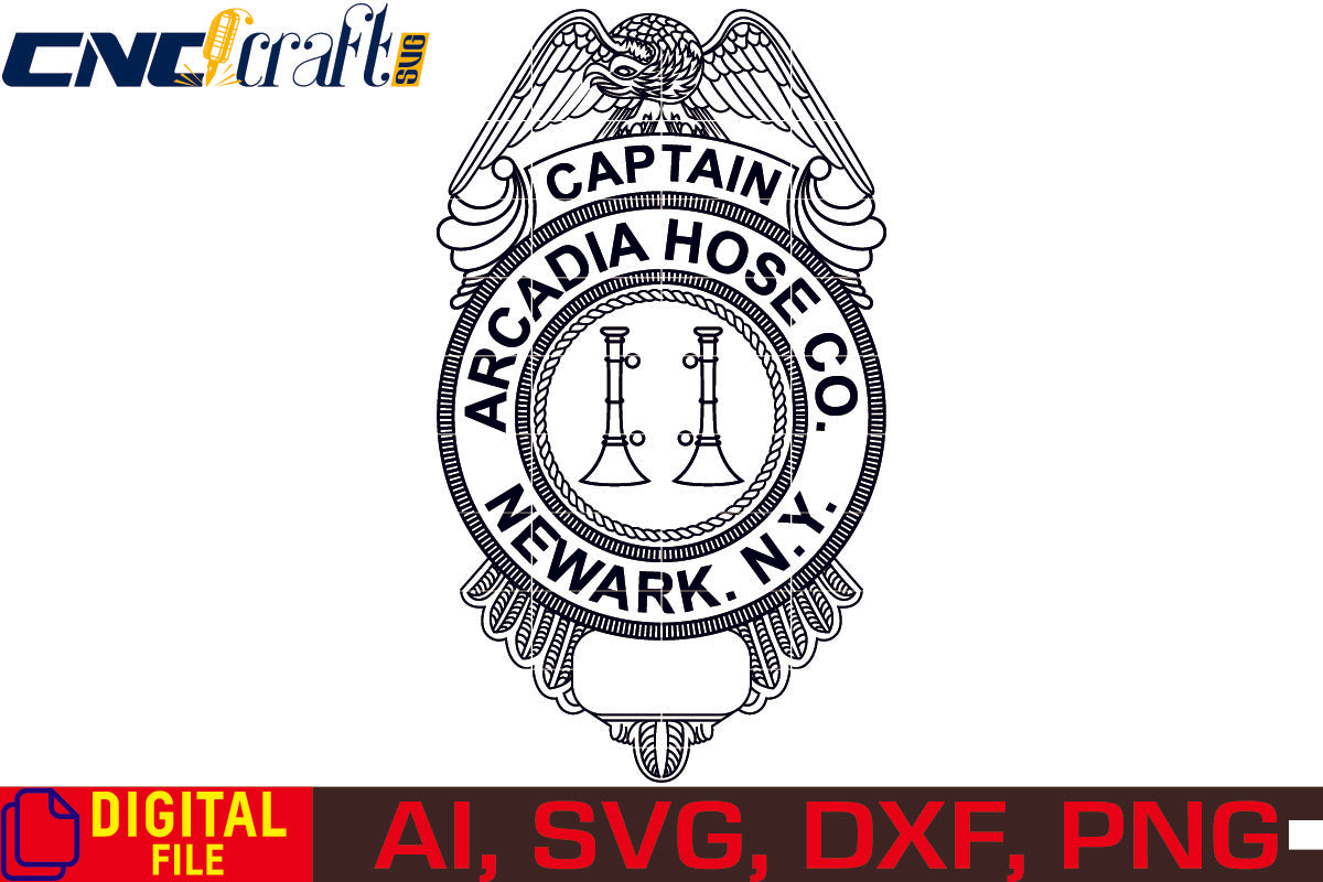 Newark Captain Arcadin Hose co. Badge vector file for Laser Engraving, Woodworking, CNC Router, vinyl, plasma, Xcarve, Vcarve, Cricut, Ezecad etc.