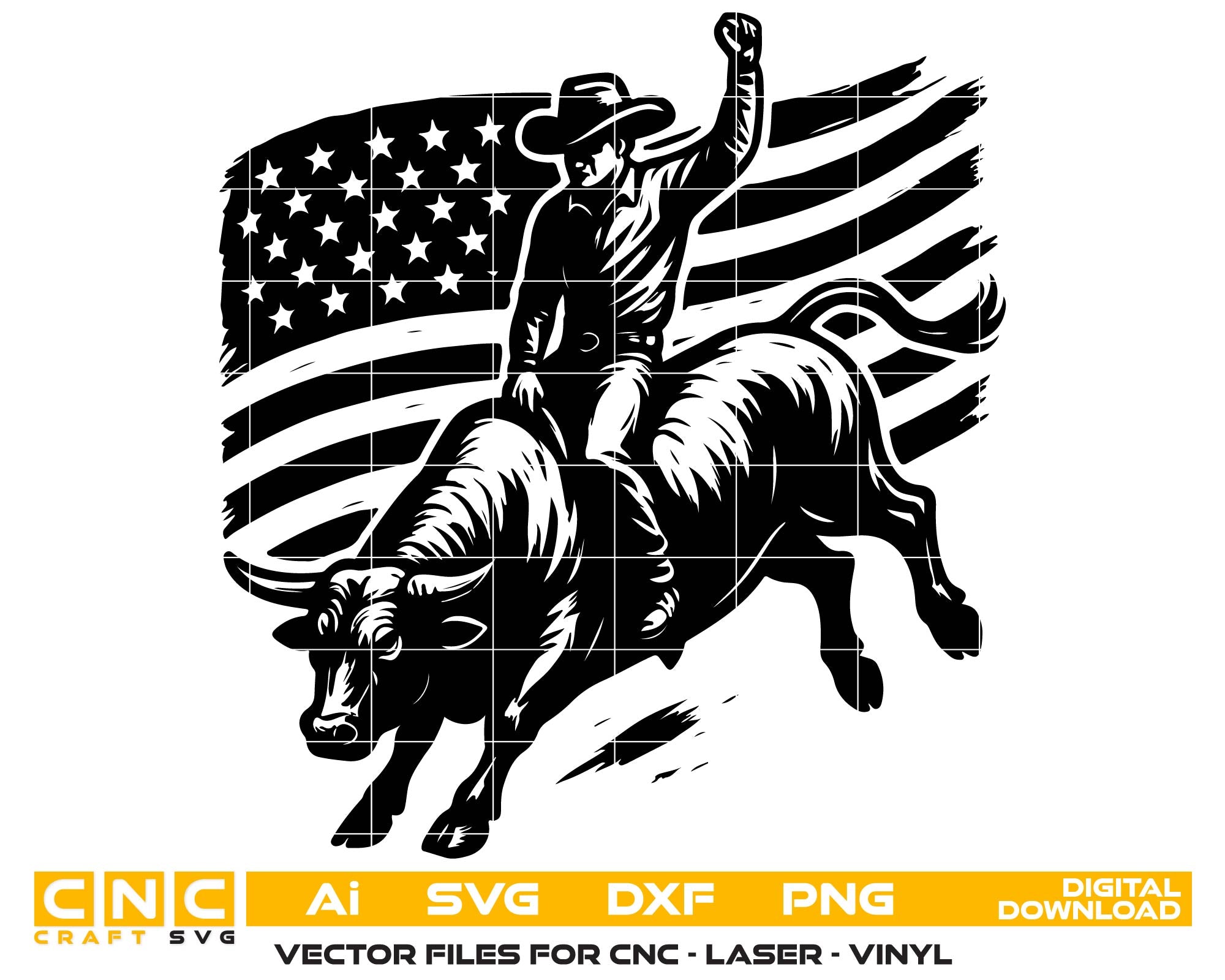 Black silhouette of a cowboy riding a bull with an American flag in the background, featuring CNC and digital download text.