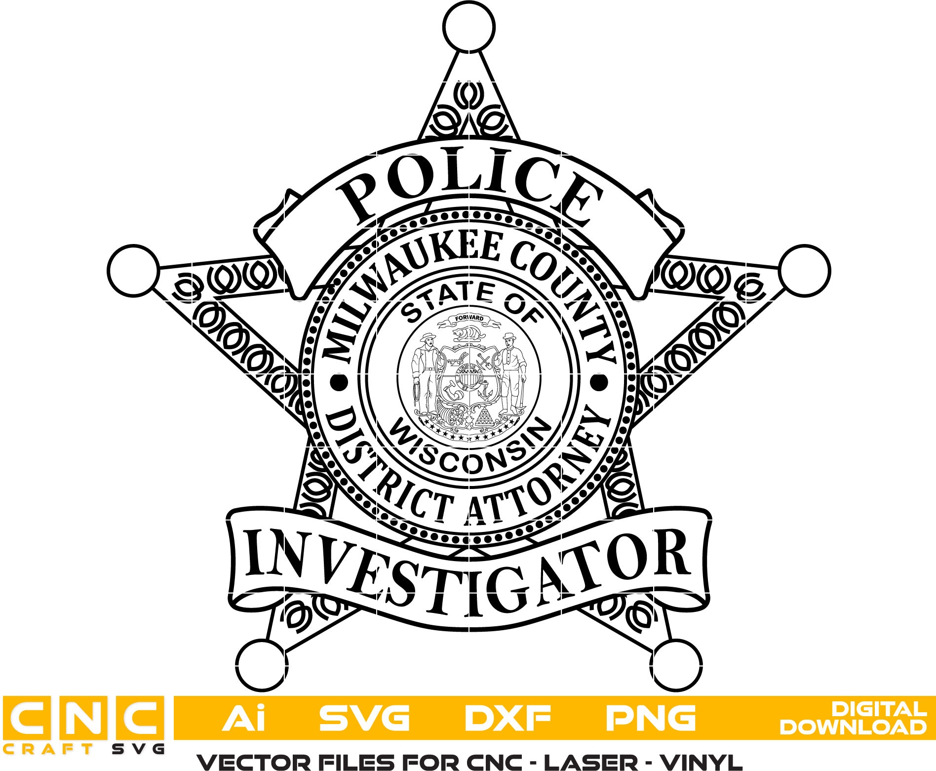 Police Investigator Badge, Milwaukee Wisconsin Vector art for Laser engraving, woodworking, acrylic painting, glass etching, and all types of printing machines.