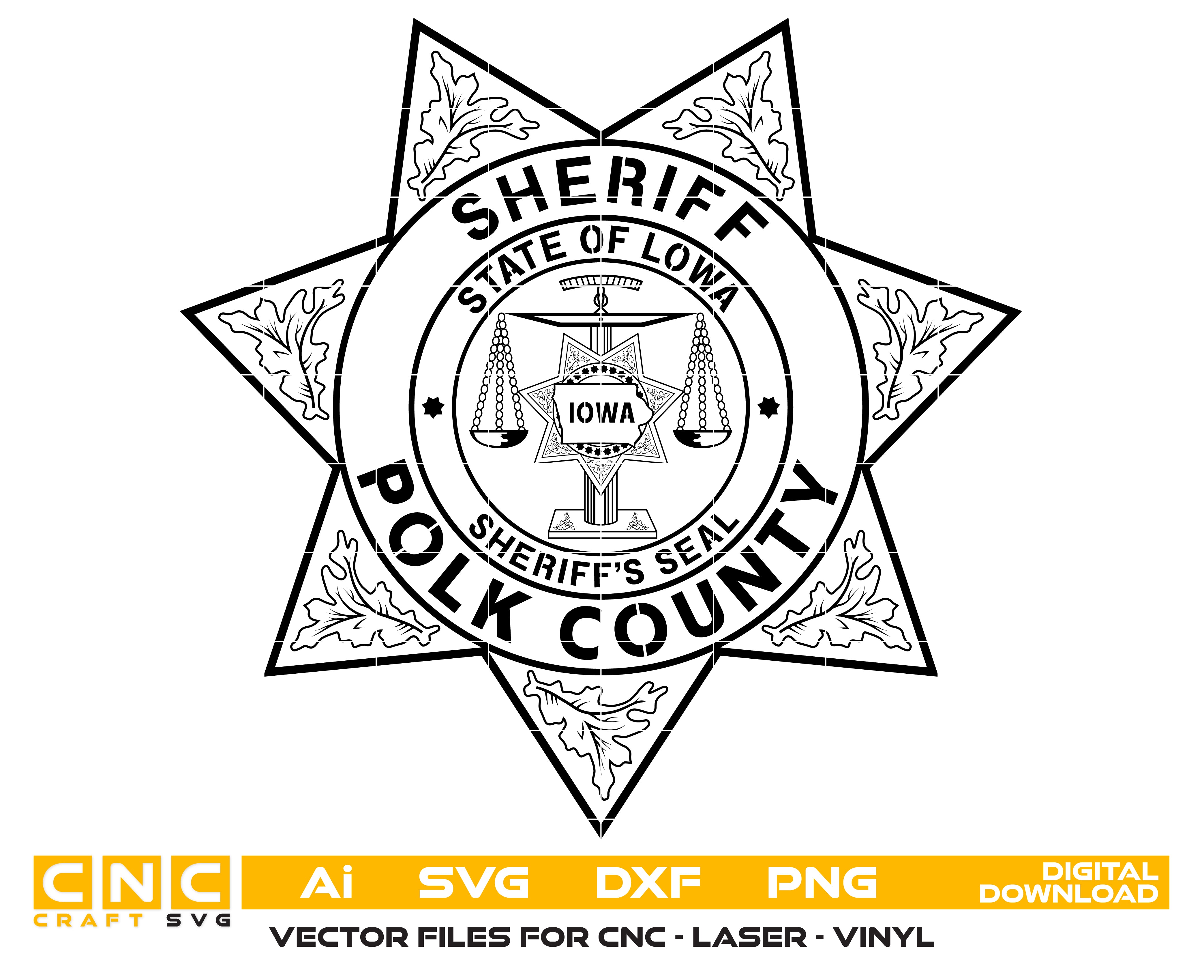 Polk County Sheriff’s Office Badge SVG — Iowa sheriff badge vector for Cricut, Silhouette, laser engraving, decals, apparel, and law-enforcement craft projects.