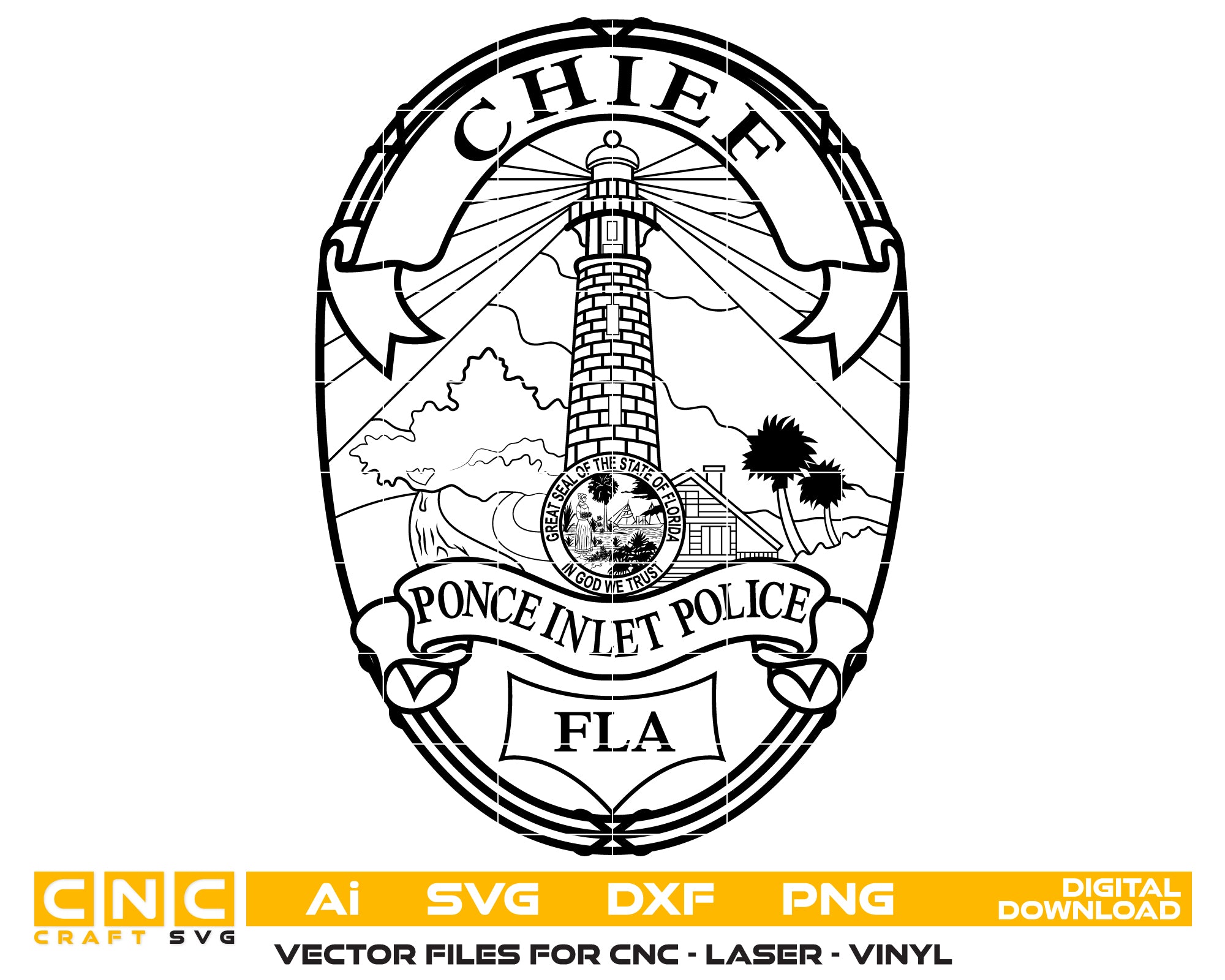 Ponce Inlet Police Chief Badge SVG, Ponce Inlet Florida Police Badge Vector, Ponce Inlet FL Police SVG Emblem, Florida Law Enforcement Chief Badge SVG, #support