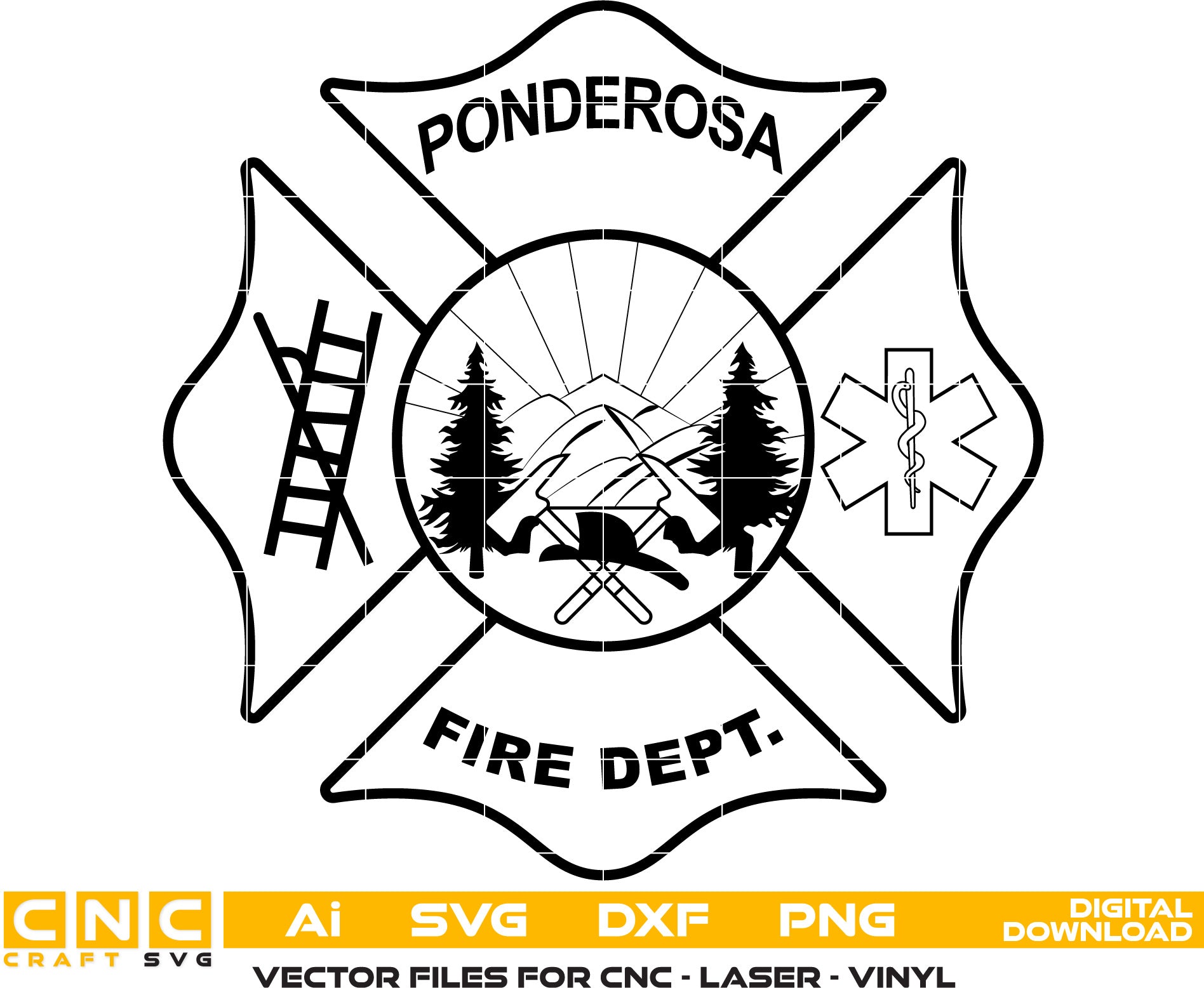 Ponderosa Fire Dept Badge Vector art Svg, Dxf, Jpg, Png, and Ai files For laser engraving, woodworking, acrylic painting, and all printing machines