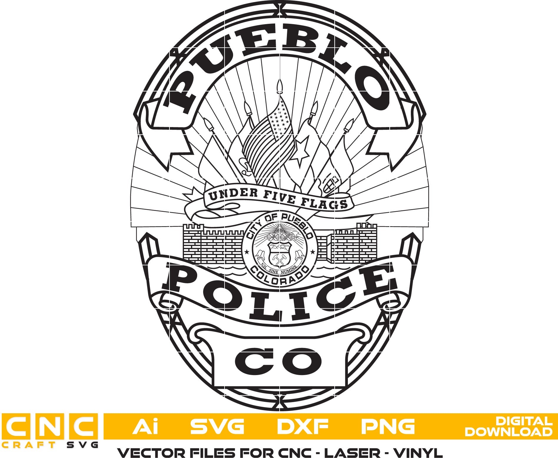 Pueblo, Colorado Police Badge  Vector Art, Ai,SVG, DXF, PNG, Digital Files for Laser Engraving, Woodworking & Printing