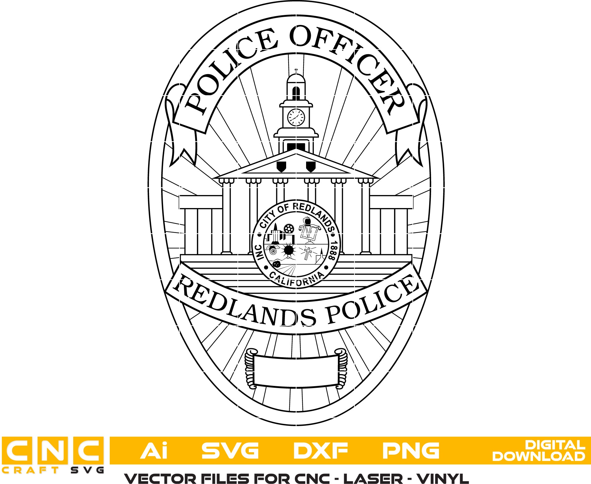 Redlands California Police Officer Badge - Laser Engraving, Woodworking, Painting