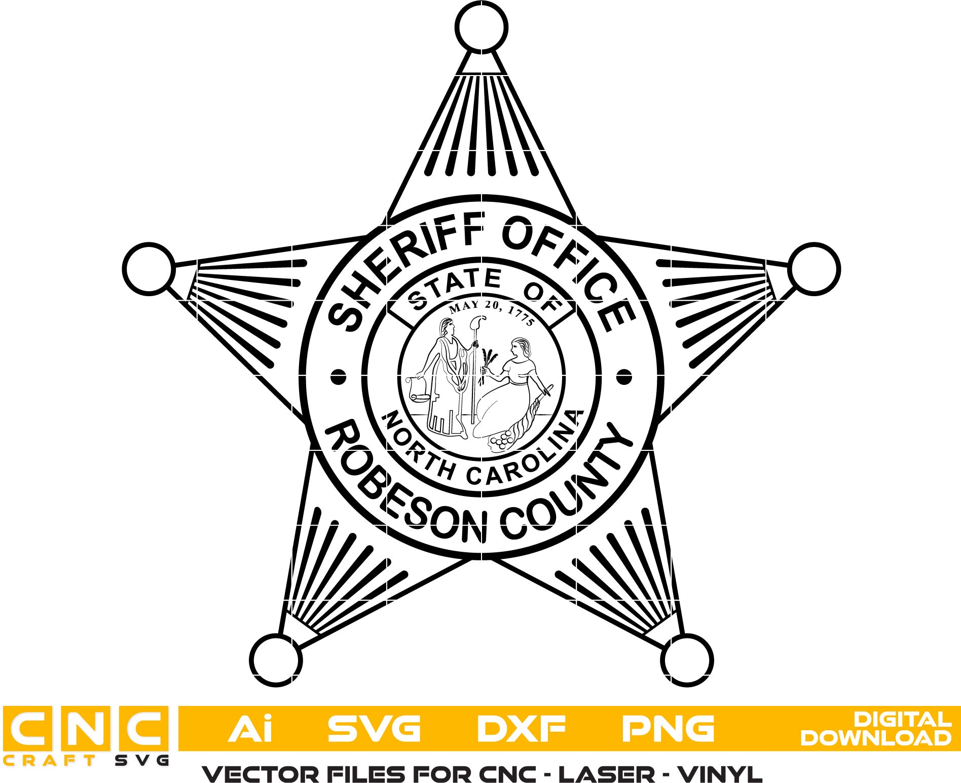 Robeson County Sheriff Badge, North Carolina Sheriff Badge for Laser engraving, woodworking, acrylic painting, glass etching, and all printing machines.