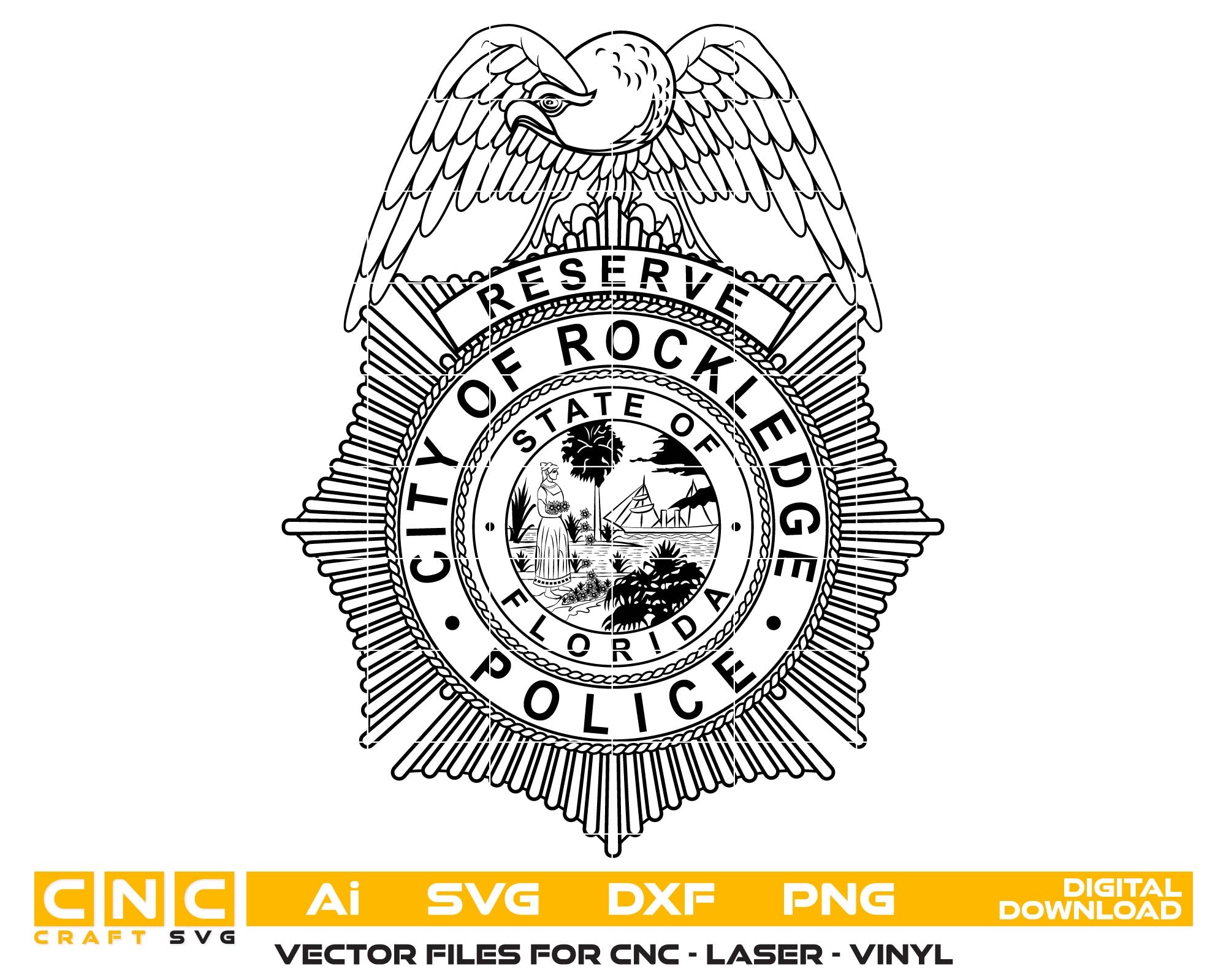 Logo of the City of Rockledge Police Department on a white background
 Rockledge Police Department badge
 Rockledge Police Department badge vector design
 Rockledge Police Department badge line art