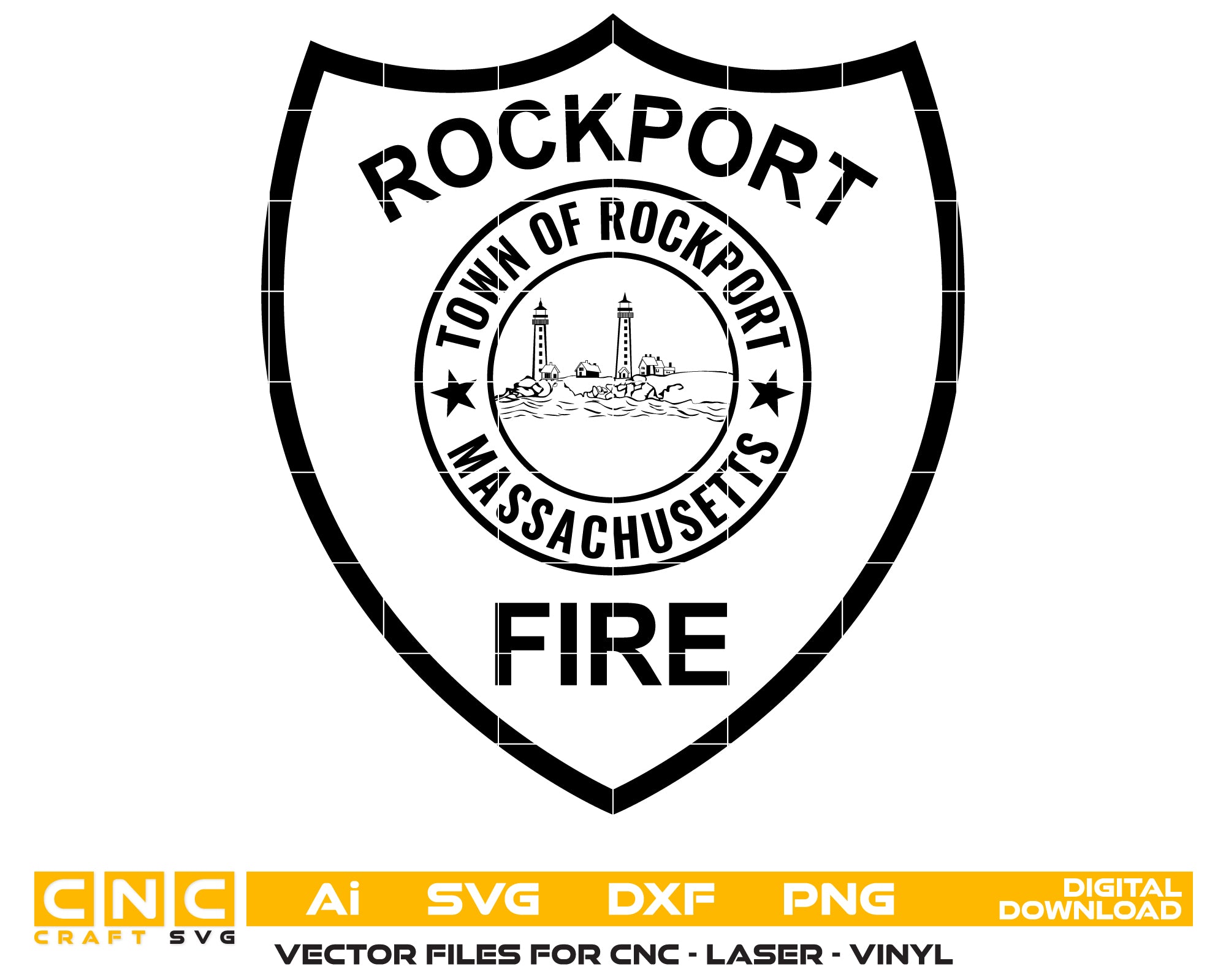 Rockport Massachusetts Fire Department Badge SVG, Rockport Firefighter Badge, Massachusetts Fire Department Emblem, Fire Department Badge Vector, Rockport Fire Badge