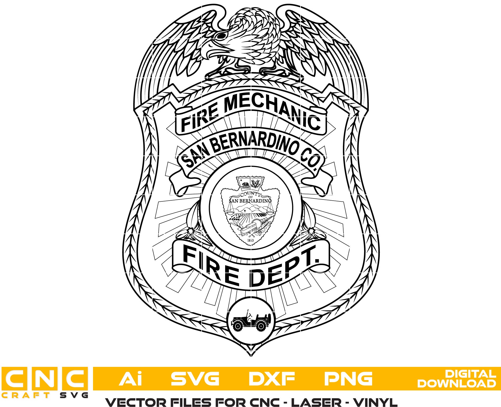 San Bernardino Co Fire Mechanic Badge Vector Art, Ai,SVG, DXF, PNG, Digital Files