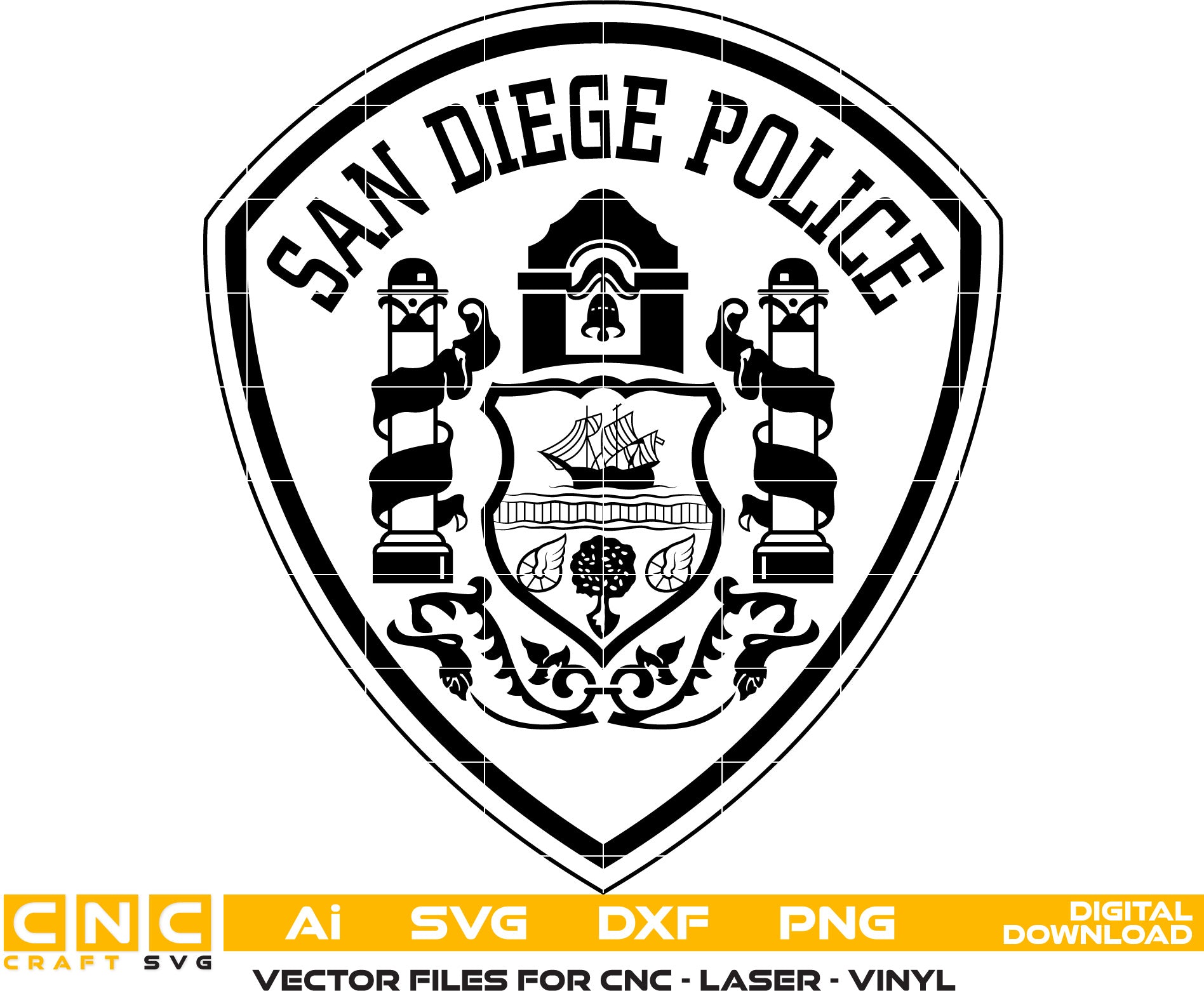 San Diego Police Badge Vector art Svg, Dxf, Jpg, Png, and Ai files For laser engraving, woodworking, acrylic painting, and all printing machines.