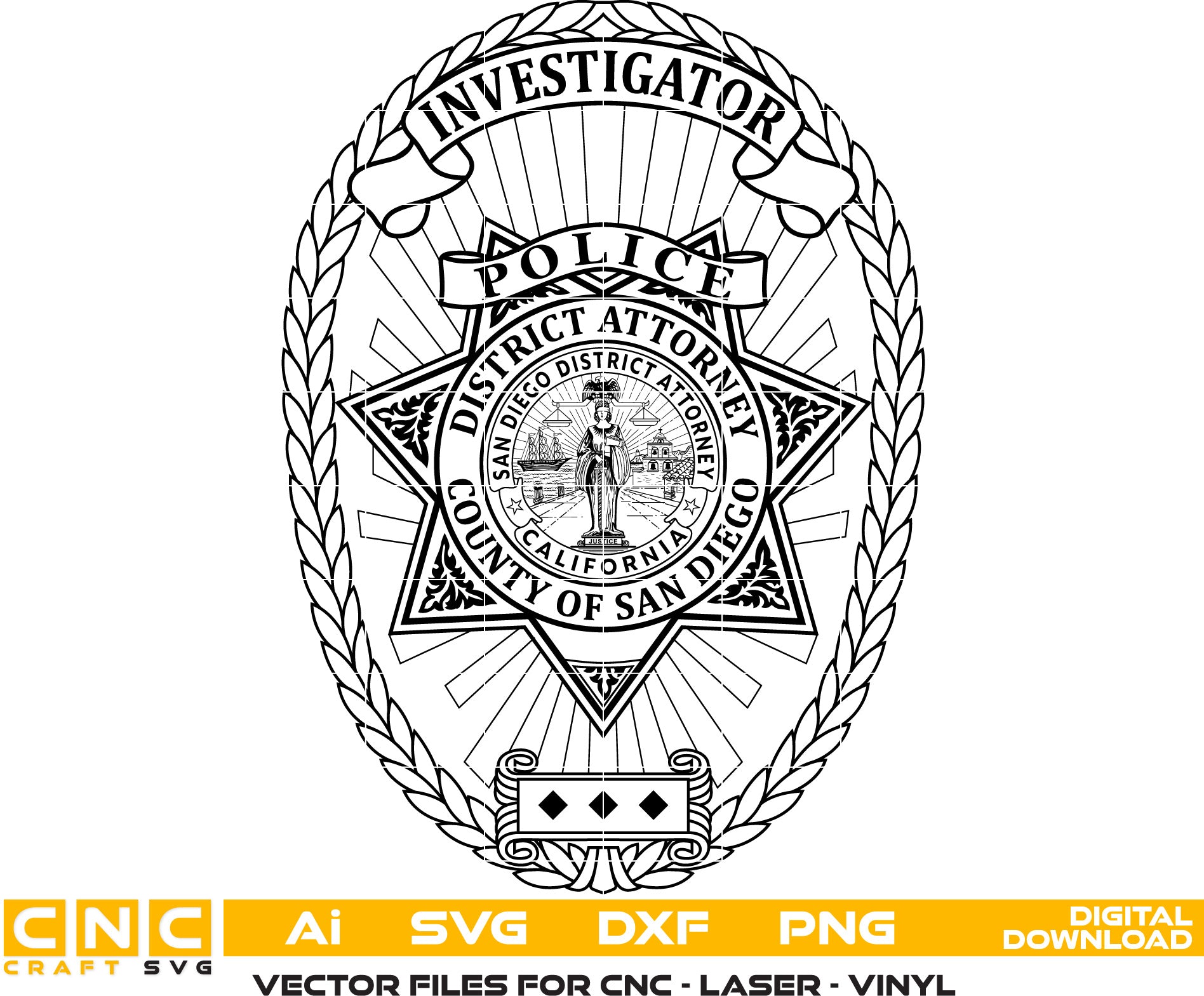 San Diego Police Investigator Badge Vector art Svg, Dxf, Jpg, Png and Ai files For laser engraving, woodworking, acrylic painting, and all printing machines.