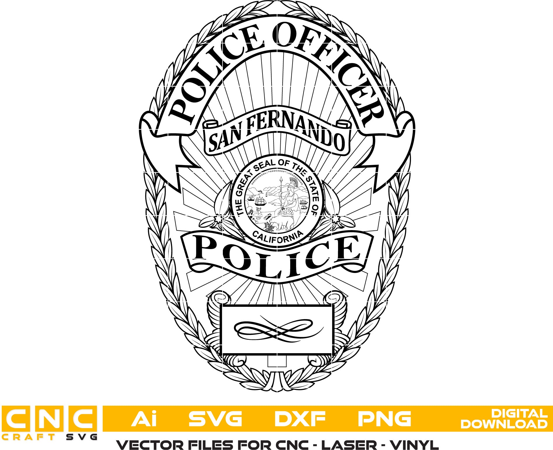 San Fernando Police Officer Badge  California Police Patch Vector art Svg, Dxf, Jpg, Png, and Ai files For laser engraving, woodworking, acrylic painting, and all printing machines.