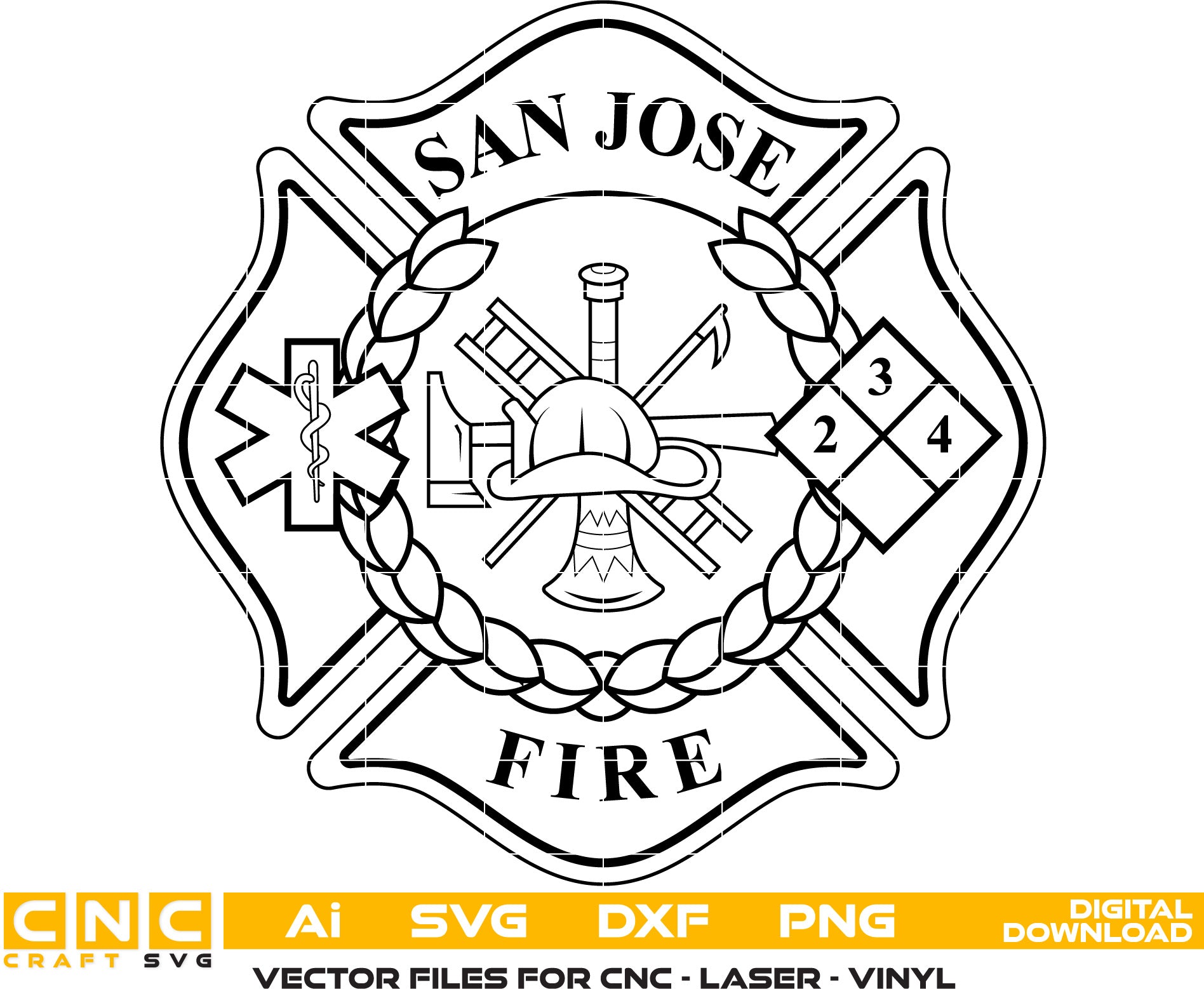 San Jose Fire Dept Badge Vector art Svg, Dxf, Jpg, Png and Ai files For laser engraving, woodworking, acrylic painting, and all printing machines.