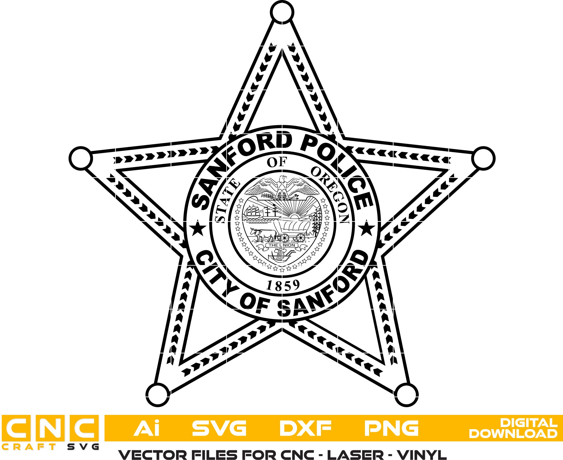 Sanford Police Badge, Oregon Police Badge Vector art Svg, Dxf, Jpg, Png, and Ai files For laser engraving, woodworking, acrylic painting, and all printing machines.