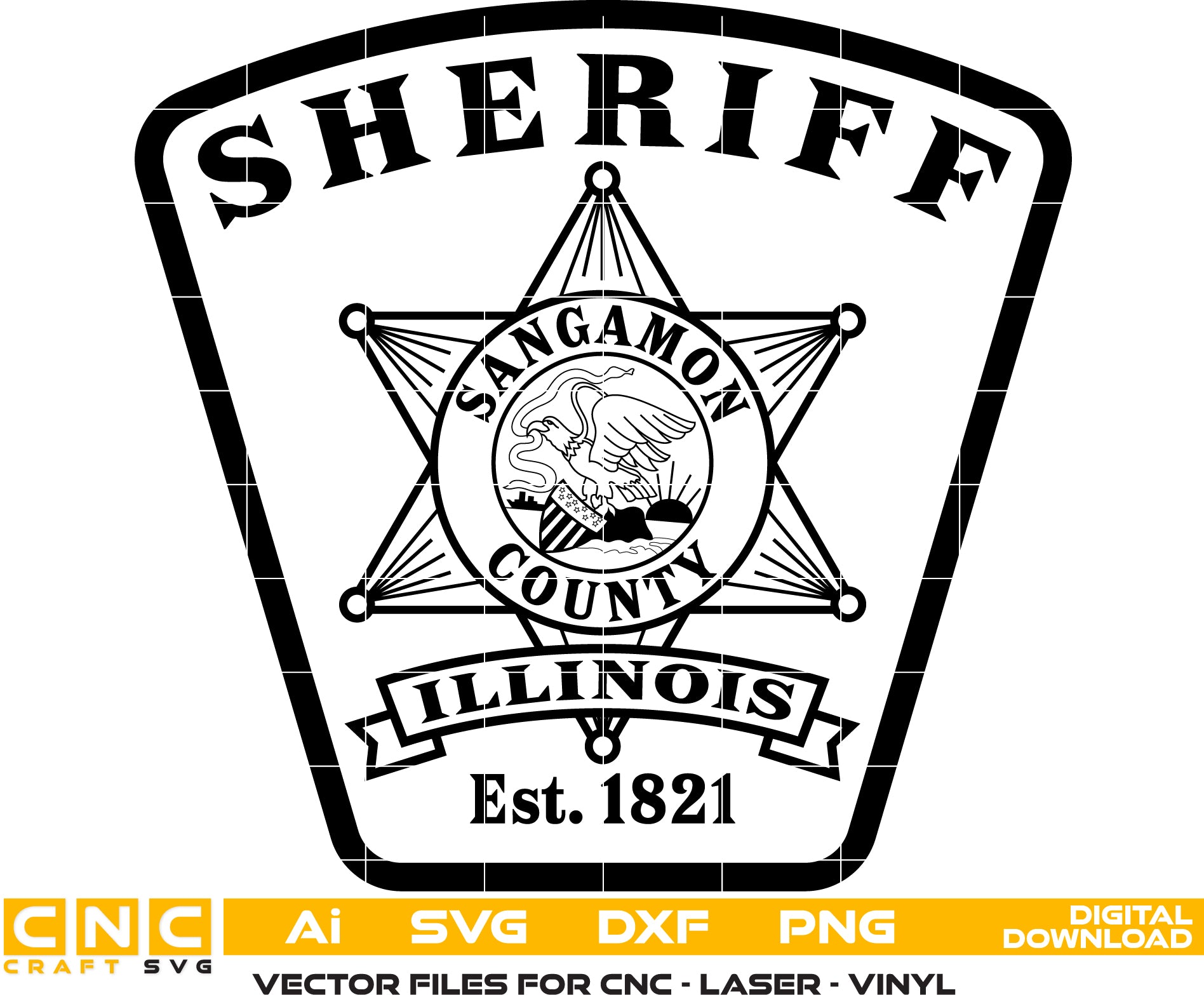 Sangamon County Sheriff Badge/ Illinois Sheriff Vector art Svg/ Dxf/ Jpg/ Png/ and Ai files For laser engraving/ woodworking/ acrylic painting and all printing machines.