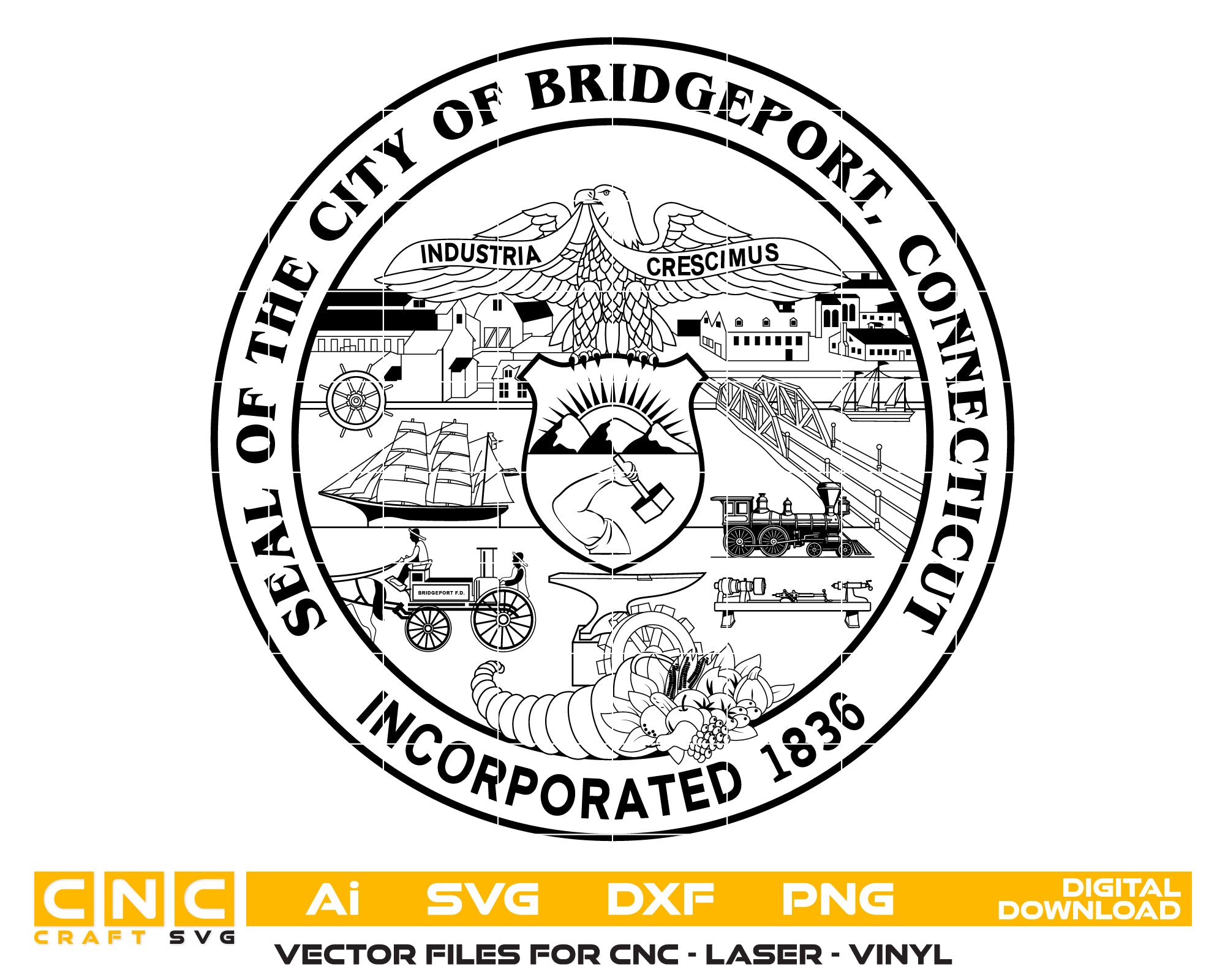 Seal Of Bridgeport Connecticut SVG, Bridgeport Town Seal Vector, Bridgeport CT Official Emblem SVG Design, Connecticut Municipal Seal SVG, #support