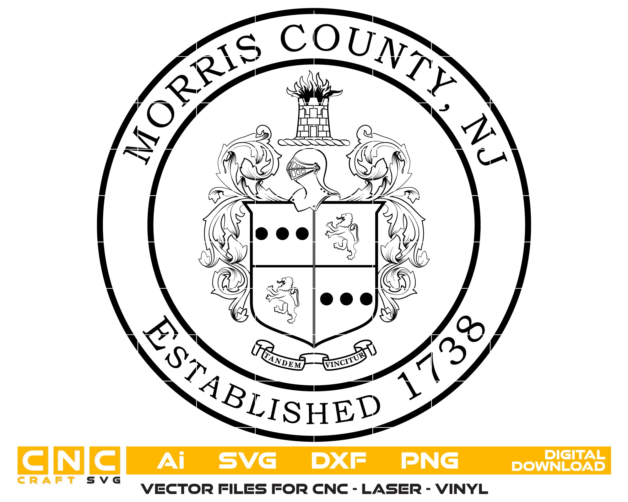 Seal of Morris County, New Jersey SVG digital download, county emblem vector design for Cricut, Silhouette, CNC, engraving, and civic craft projects.