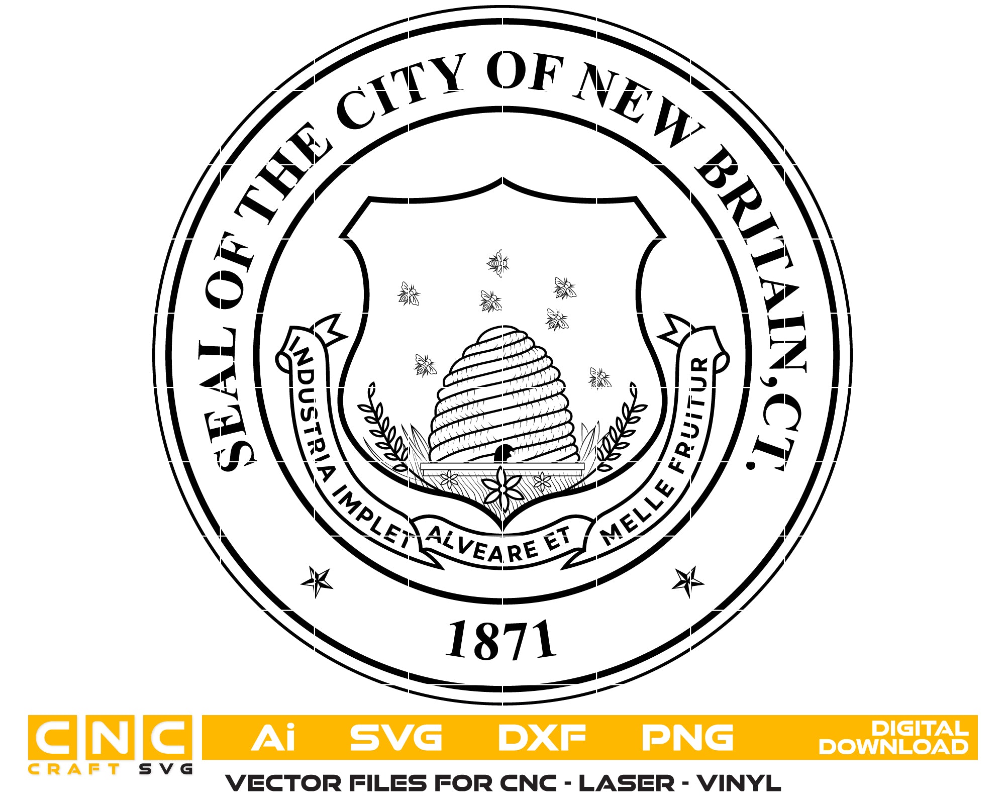 Seal of the City of New Britain Connecticut SVG digital download, city emblem vector design for Cricut, Silhouette, CNC, engraving, and municipal craft projects.