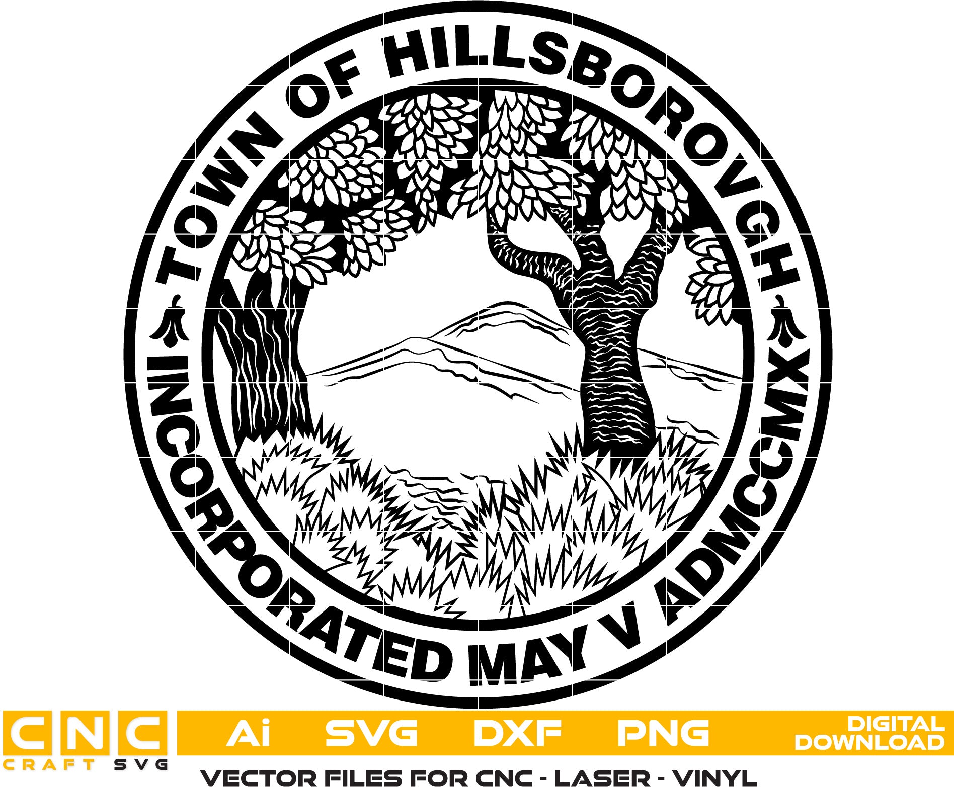 Selo de Hillsborough, Califórnia Arte vetorial Svg, Dxf, Jpg, Png e Ai Para gravação a laser, marcenaria, pintura acrílica e todas as máquinas de impressão.