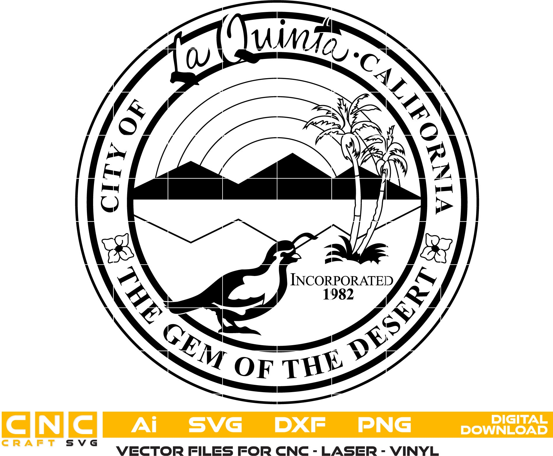 Sello de La Quinta, California. Arte vectorial en archivos Svg, Dxf, Jpg, Png y Ai. Para grabado láser, carpintería, pintura acrílica y todas las máquinas de impresión.
