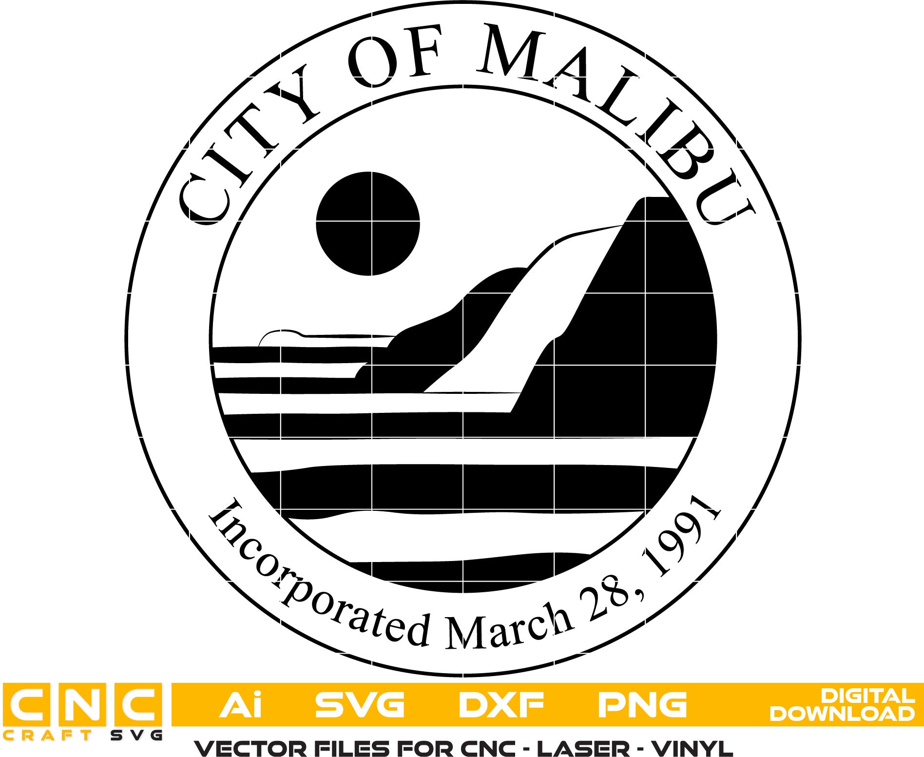 Seal of Malibu, California Seal Vector art Svg, Dxf, Jpg, Png, and Ai files For laser engraving, woodworking, acrylic painting, and all printing machines.