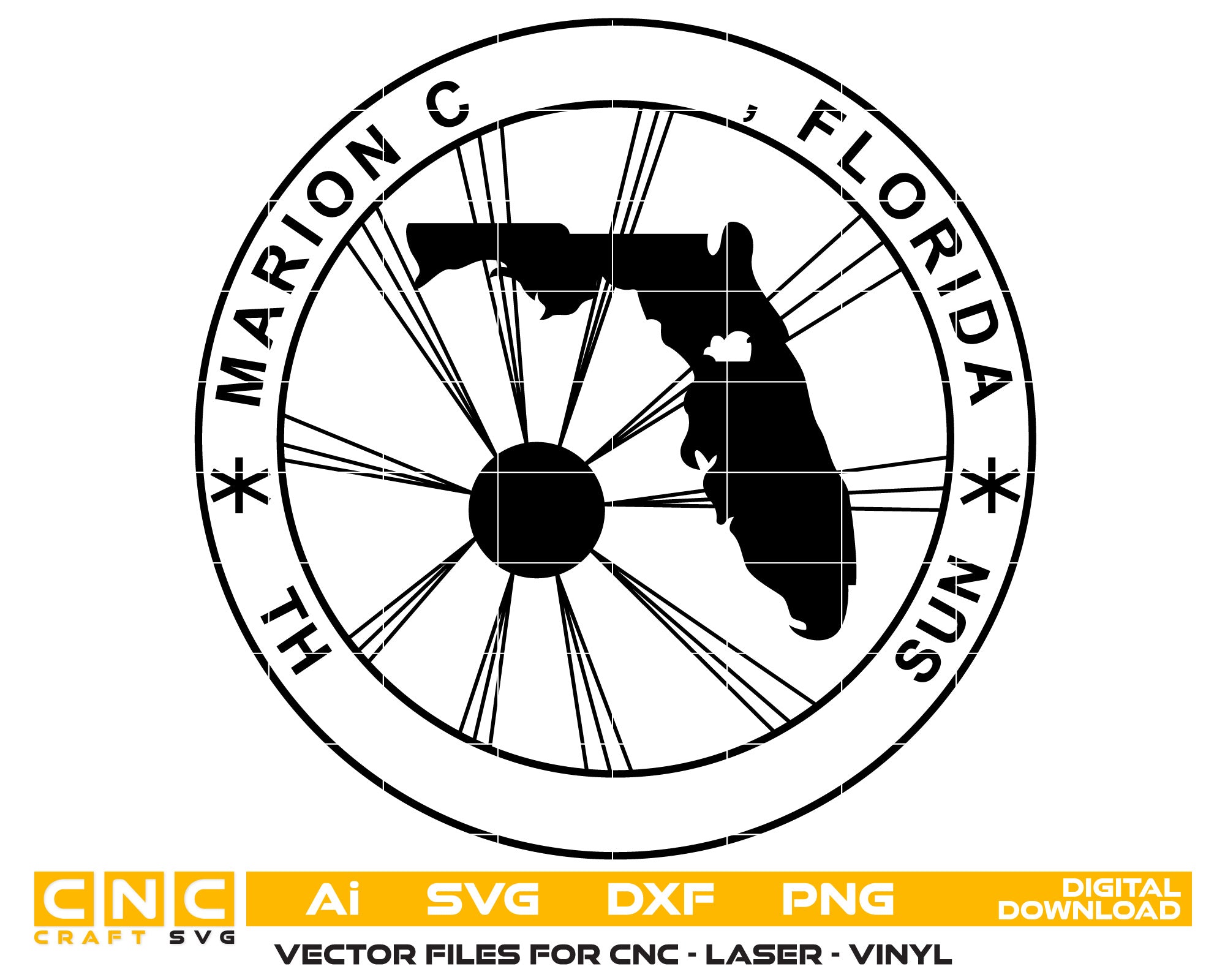 Sello del condado de Marion, Florida. Arte vectorial en formato Svg, Dxf, Jpg, Png y Ai. Para grabado láser, carpintería, pintura acrílica y todas las máquinas de impresión.