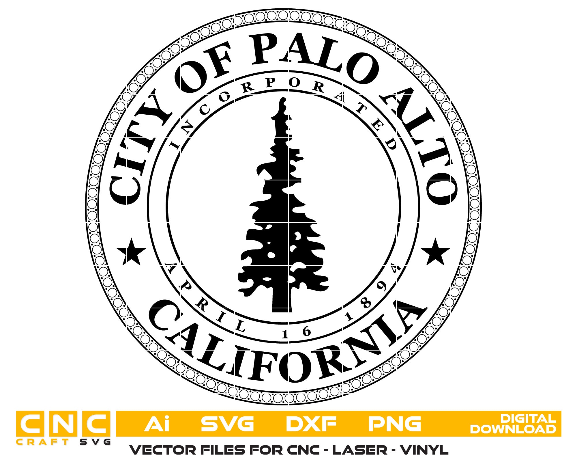 Seal of Palo Alto, California Seal Vector art Svg, Dxf, Jpg, Png, and Ai files For laser engraving, woodworking, acrylic painting, and all printing machines.