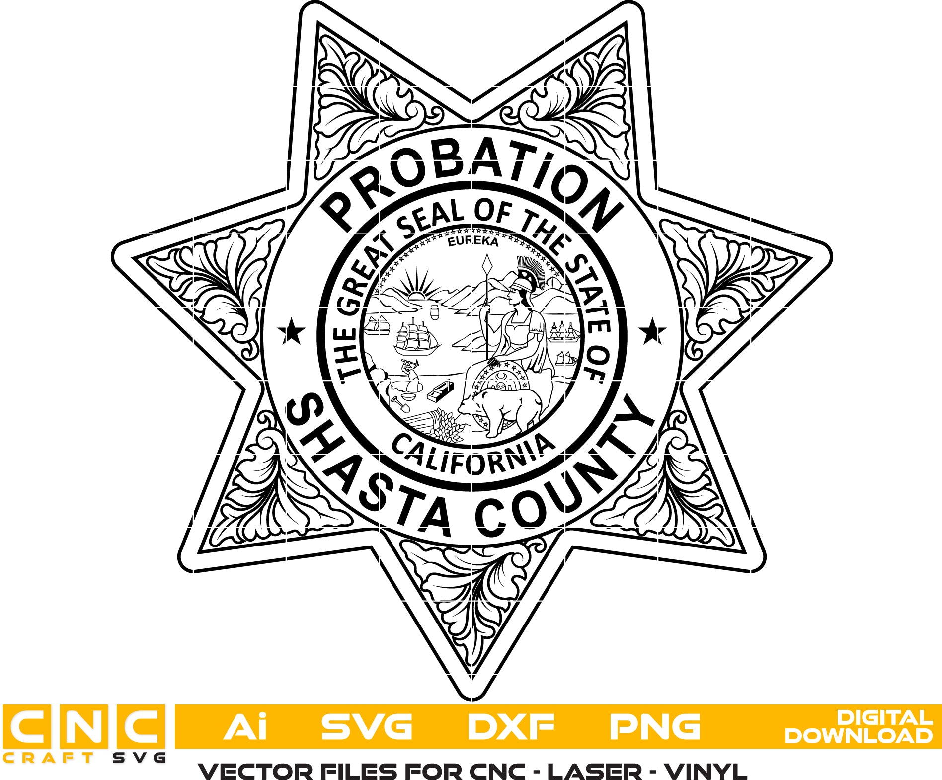 Shasta County California Probation Officer Badge Vector art Svg/ Dxf/ Jpg/ Png/ and Ai files For laser engraving/ woodworking/ acrylic painting and all printing machines.