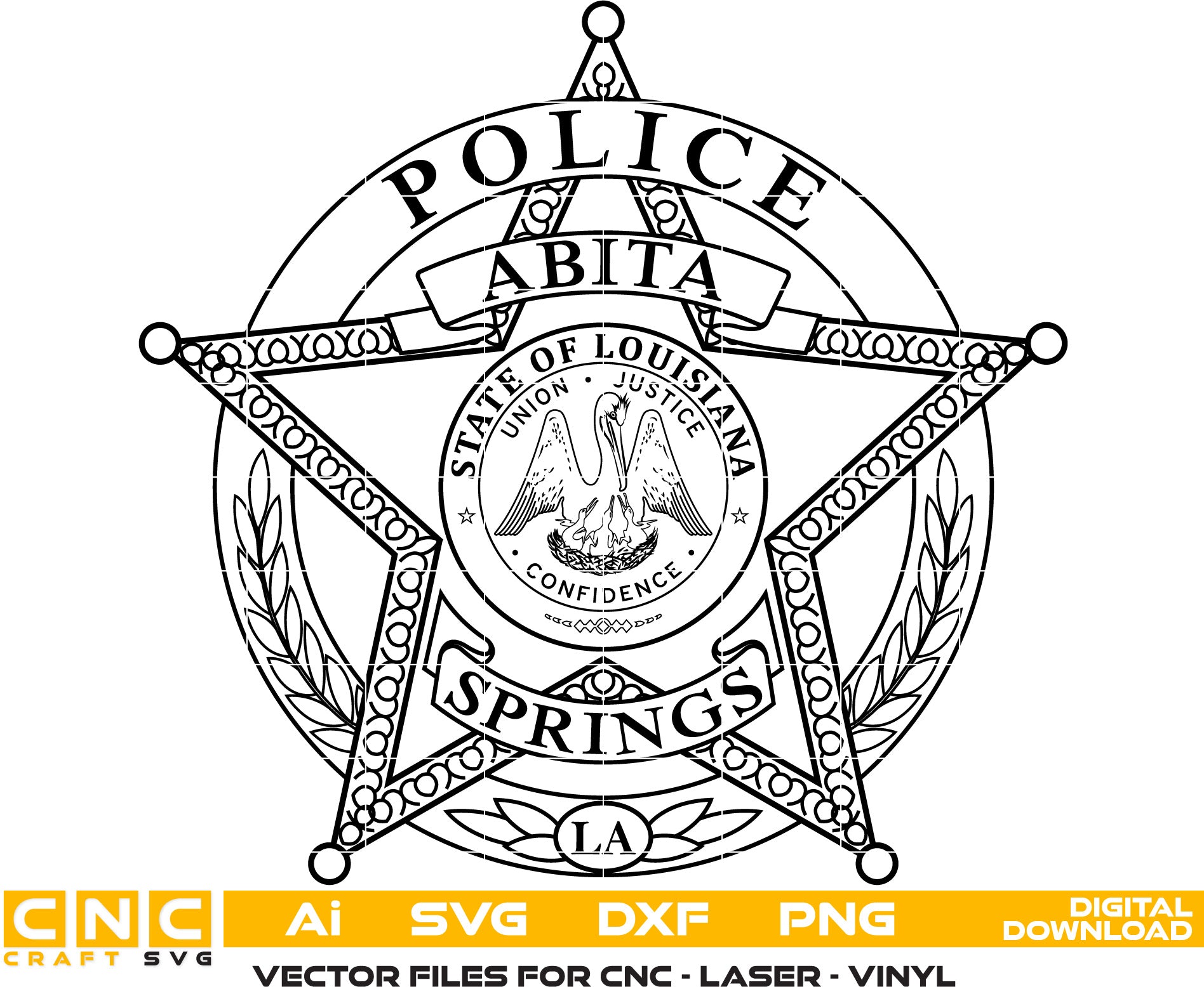 Springs Police Badge, Louisiana Police Badge Vector art for Laser engraving, woodworking, acrylic painting, glass etching, and all printing machines.