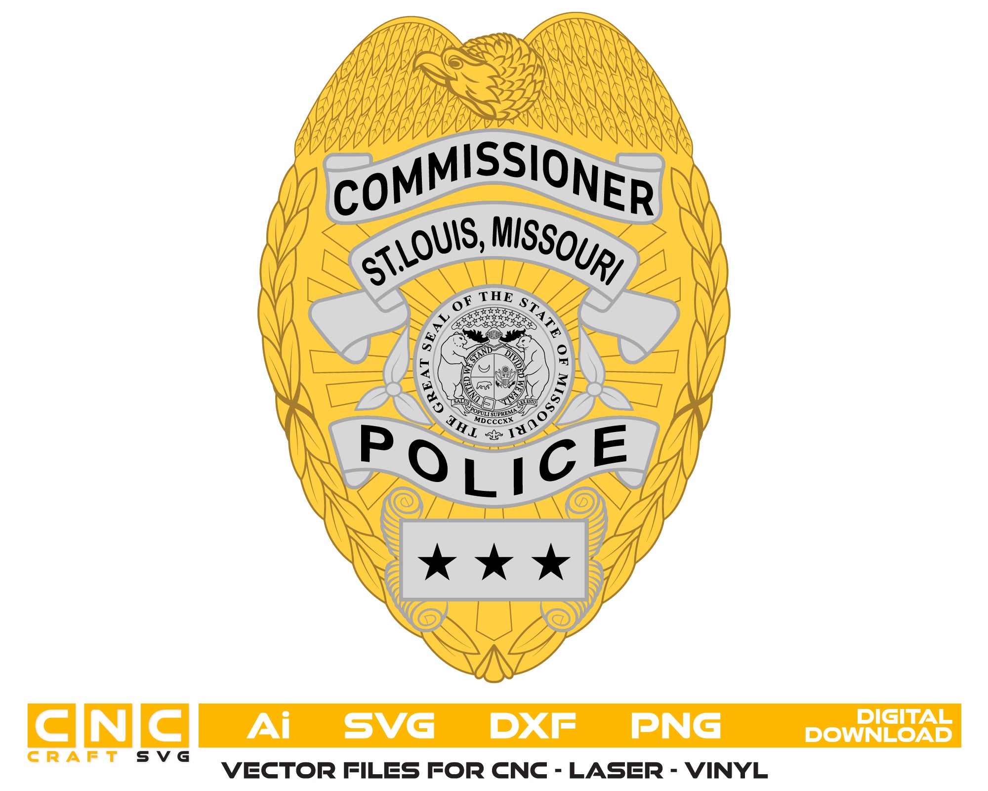 St. Louis Missouri Police Commissioner Badge Color File SVG digital download, Missouri police emblem vector design for Cricut, Silhouette, CNC, engraving, and tribute projects.