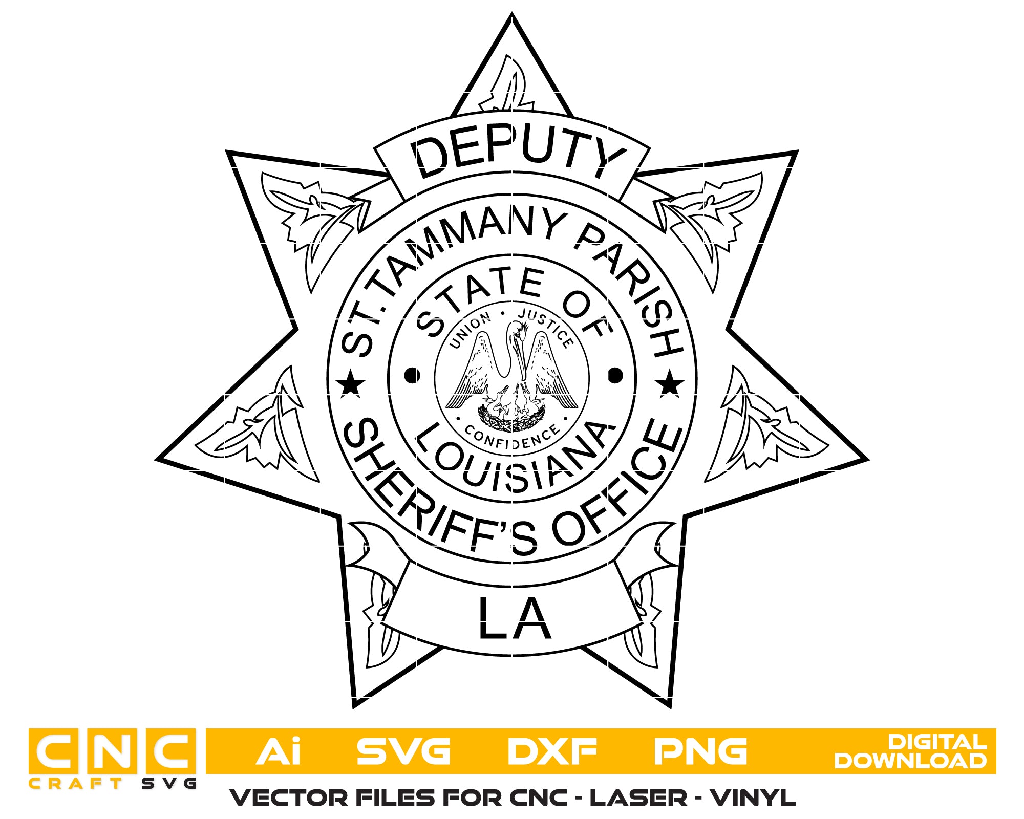 St. Tammany Parish Sheriff Badge SVG digital download, Louisiana sheriff emblem vector design for Cricut, Silhouette, CNC, engraving, and tribute projects.