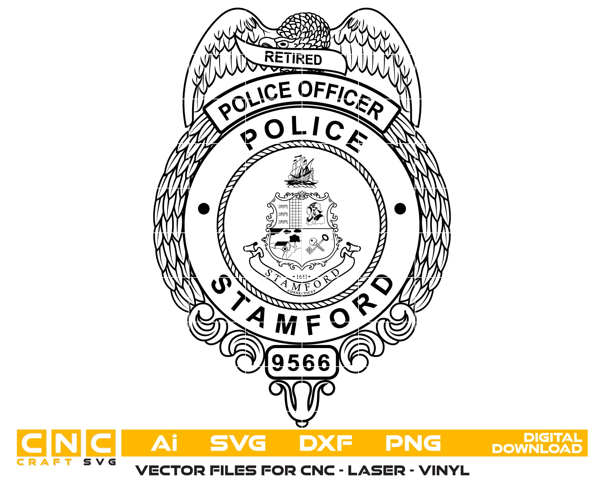 Stamford Police Officer Badge SVG digital download, Connecticut police badge vector for Cricut, Silhouette, engraving, décor, and tribute crafting.