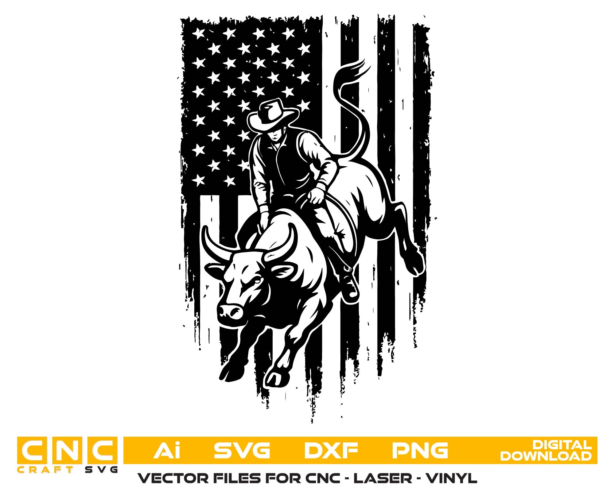 Black and white graphic of a cowboy riding a bull with an American flag in the background, featuring CNC and digital download text.