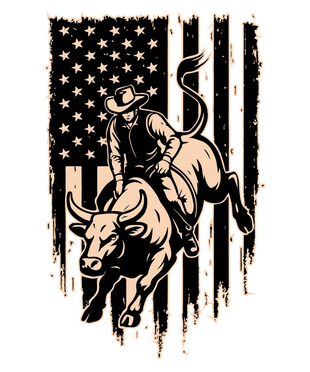Rodeo rider on a bull with an American flag in the wooden background