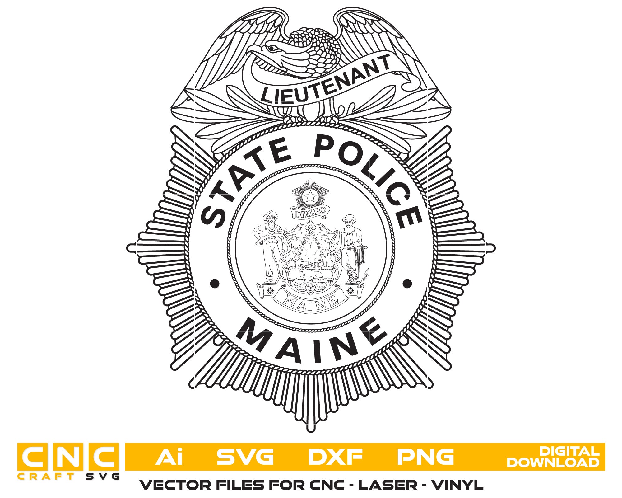 State of Maine Police Lieutenant Badge Vector Art, Digital Download