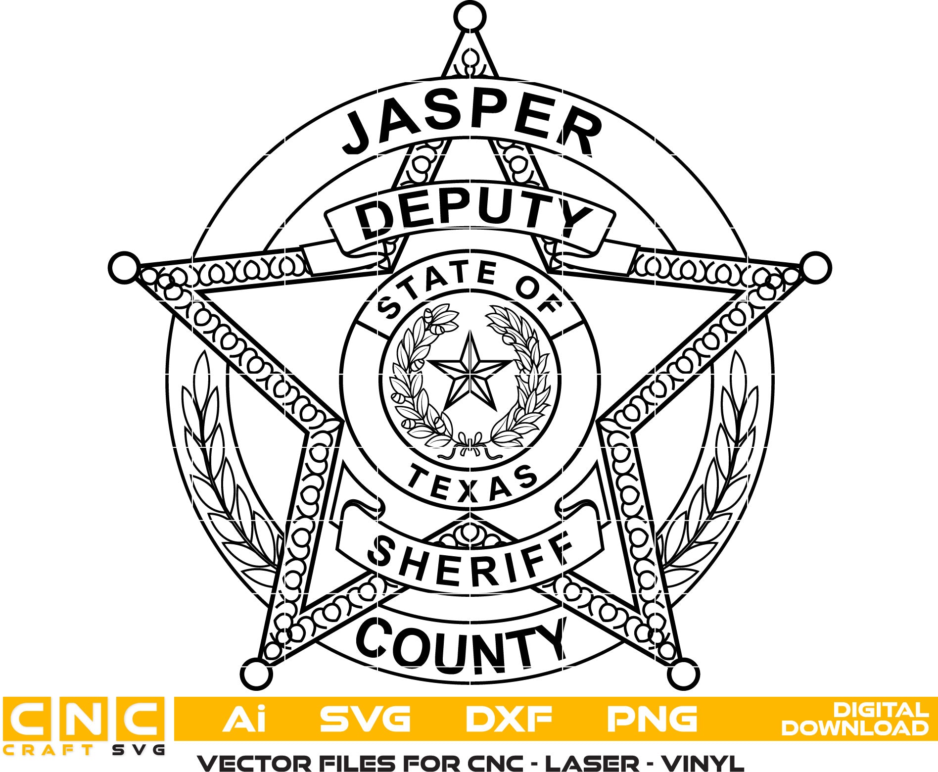 State of Texas Jasper County Sheriff Badge Vector Art, Ai,SVG, DXF, PNG, Digital Files for Laser Engraving, Woodworking, Printing, CNC Router, Cricut, Ezecad etc.