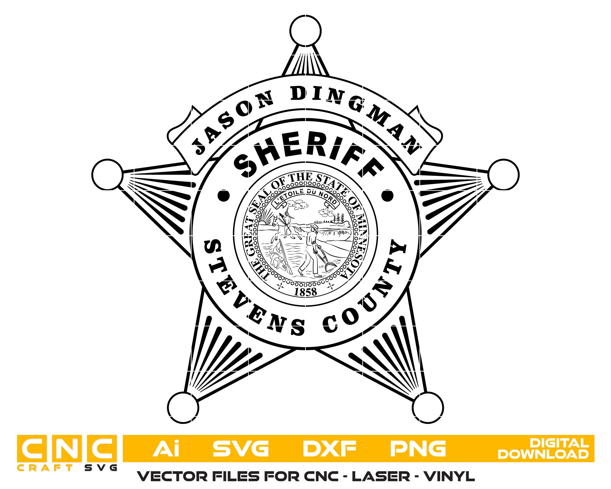 Stevens County Sheriff Badge SVG, Minnesota sheriff star vector for Cricut, Silhouette, engraving, décor, and collector crafting.